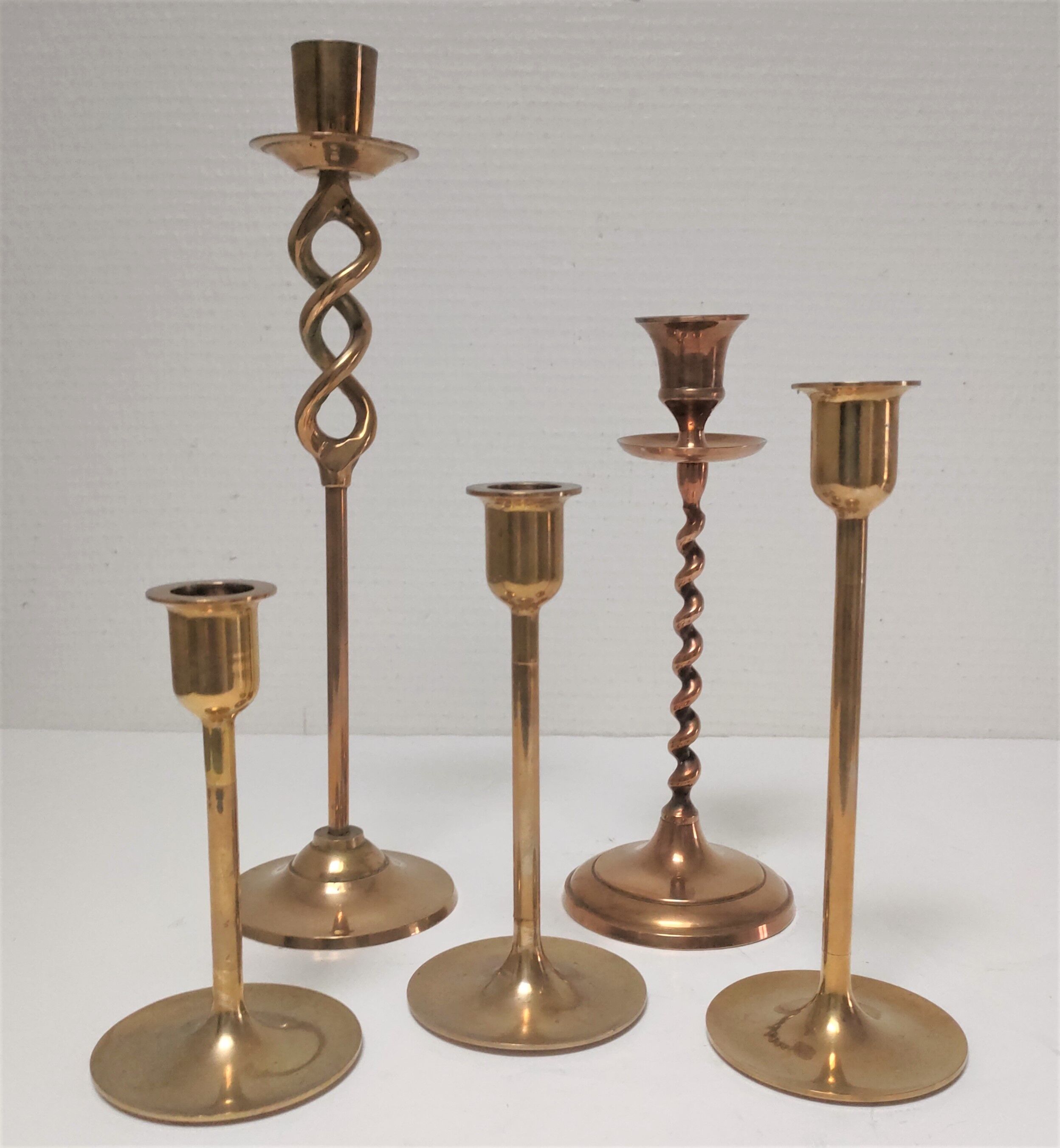 Five solid brass candle holders vintage design 80s