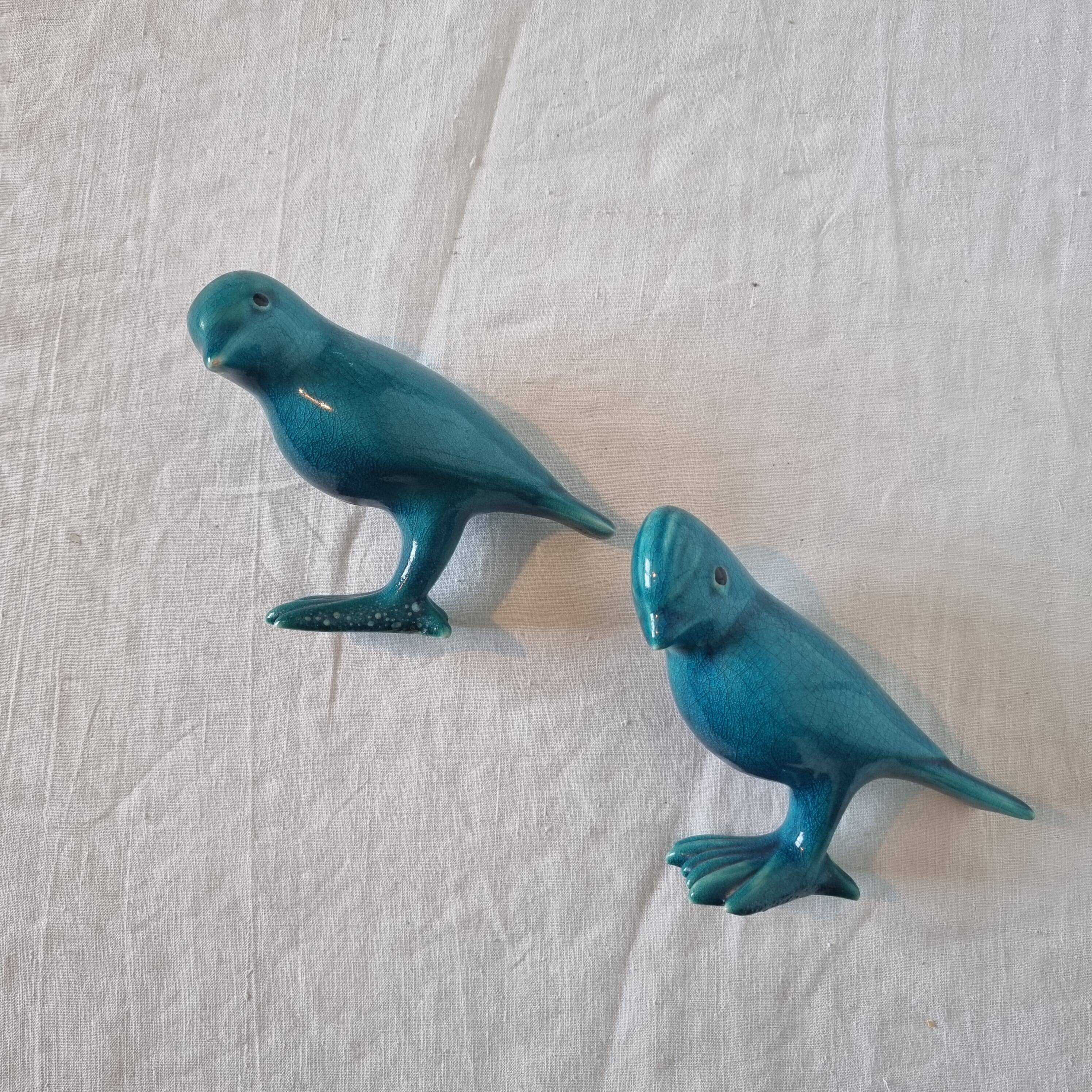 Pair of Art Deco Birds in Blue Porcelain from the 40s-50s signed