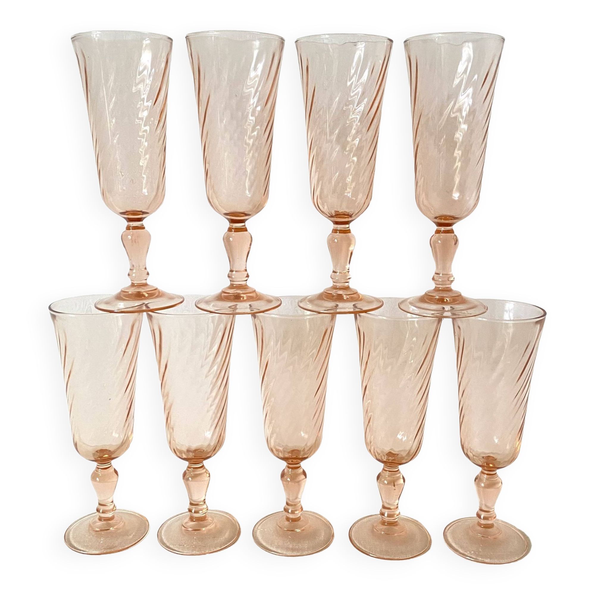 Flûtes à champagne en verre rose années 80