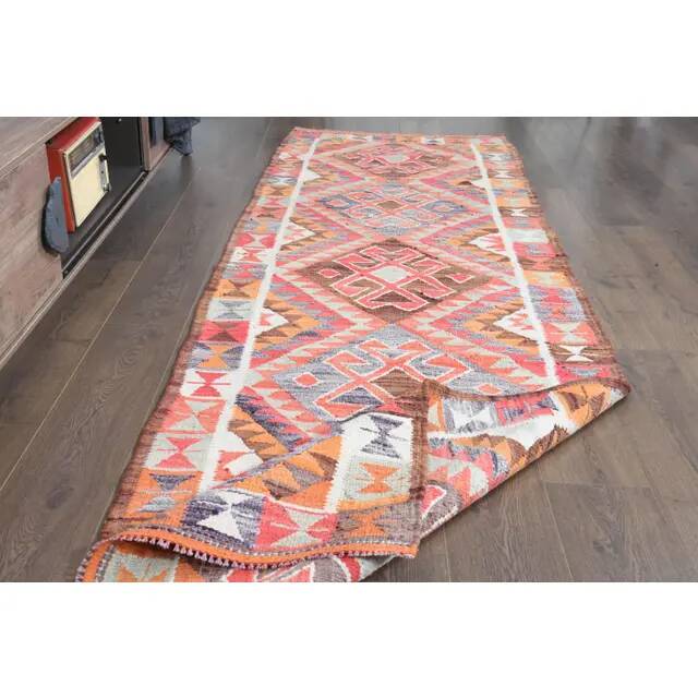 1970s Turkish Oushak Handmade Wool Cotton Pink Runner Rug 98x315
