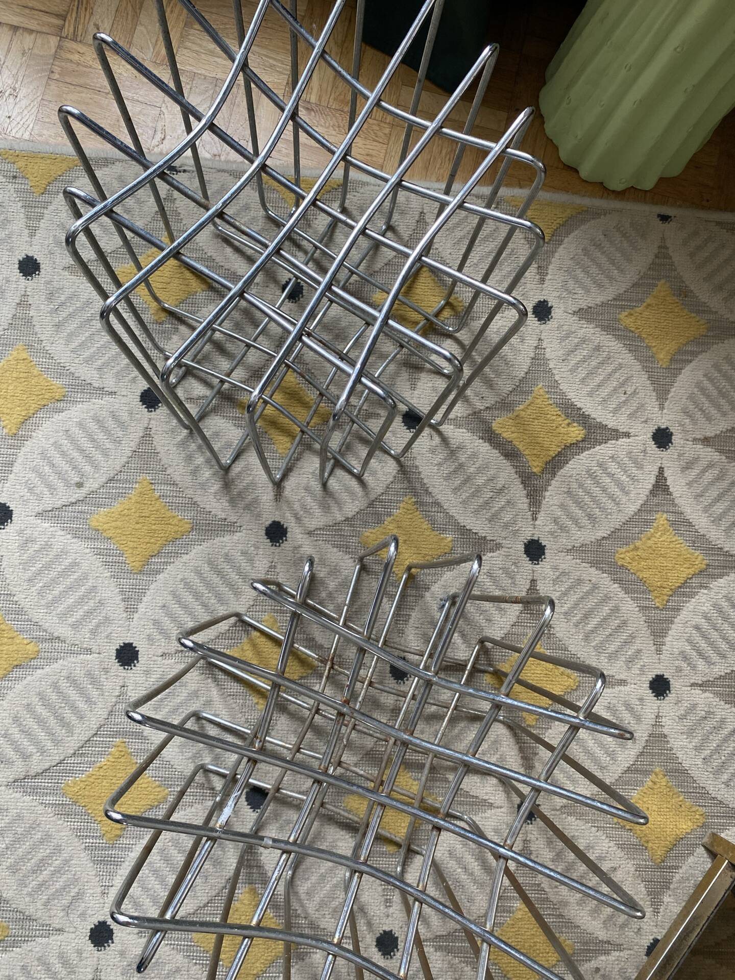 Set of 2 Vintage mid-century chrome wire poufs stools
