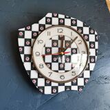 Vintage silent asymmetrical wall pendulum clock "Black and white checkered flowers"
