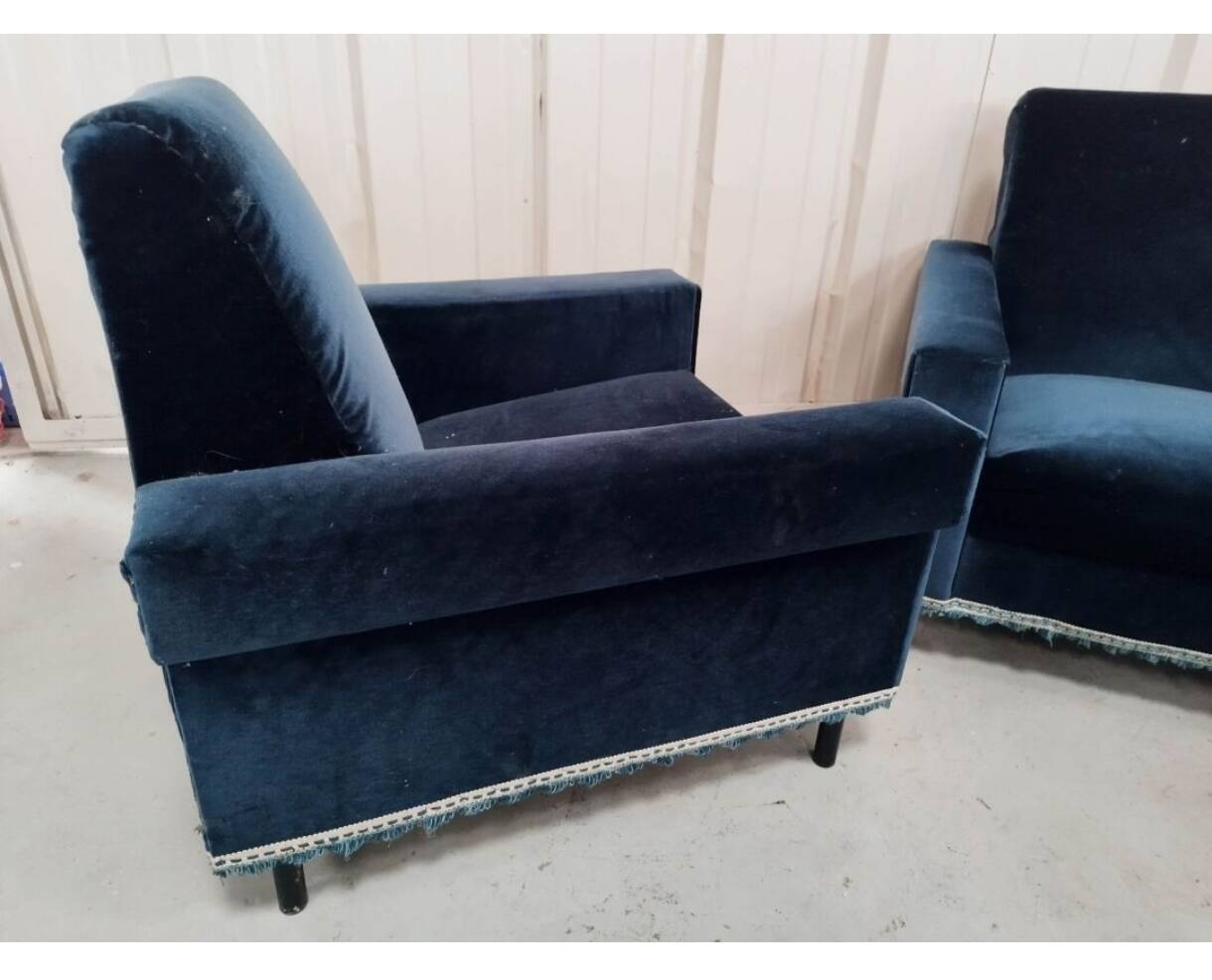 Pair of navy blue velvet club armchairs