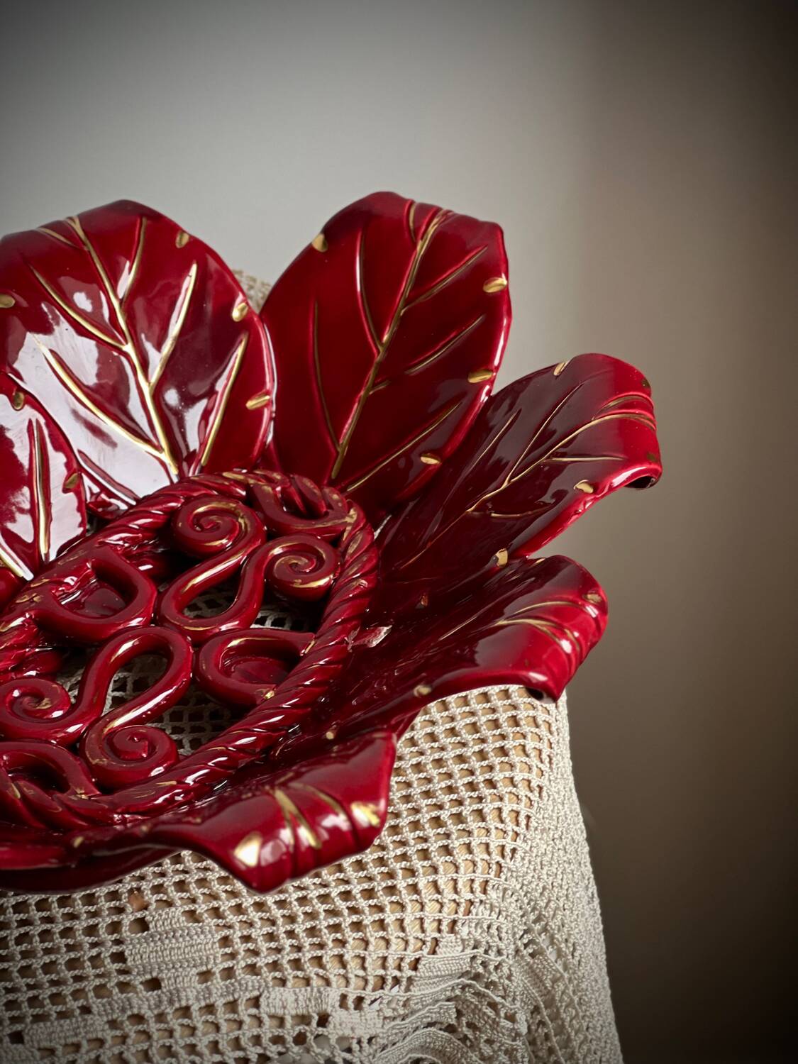 Woven ceramic basket with petals in oxblood slip / baroque style, eclectic