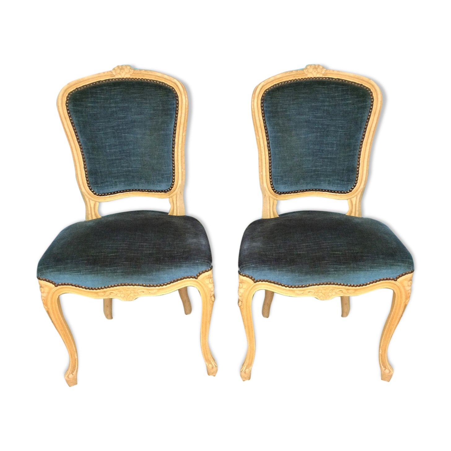 Lot of 2 chairs Louis XV in blue velvet