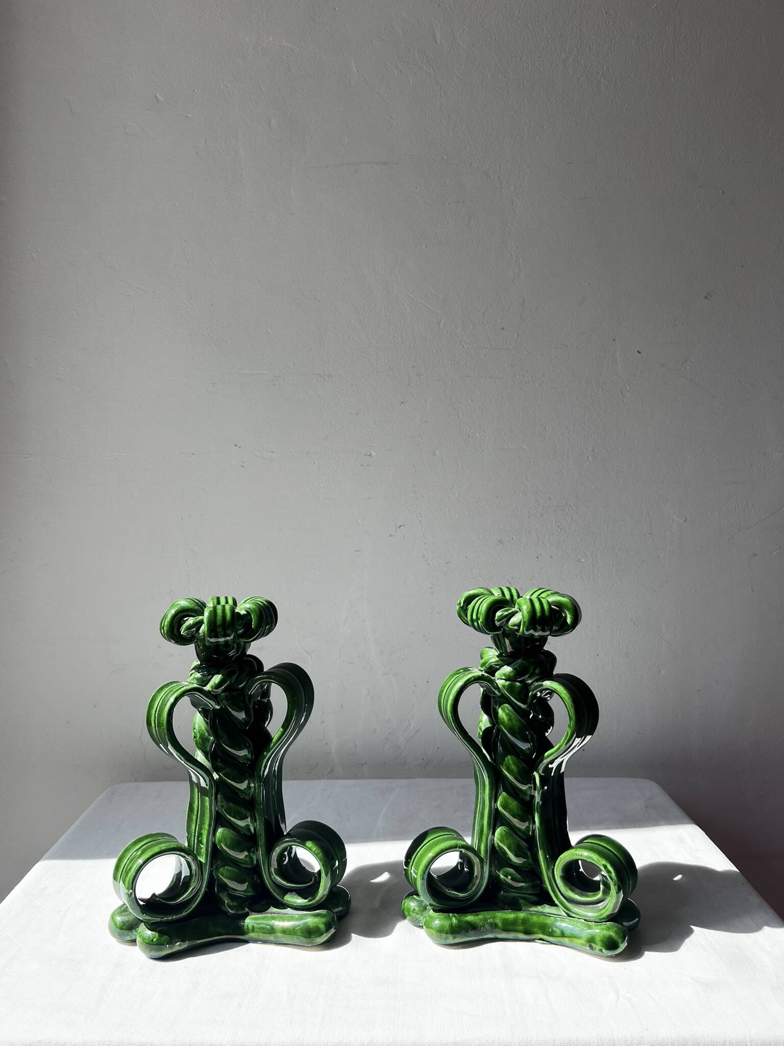 Lot of woven ceramic candle holders in green Vallauris.
