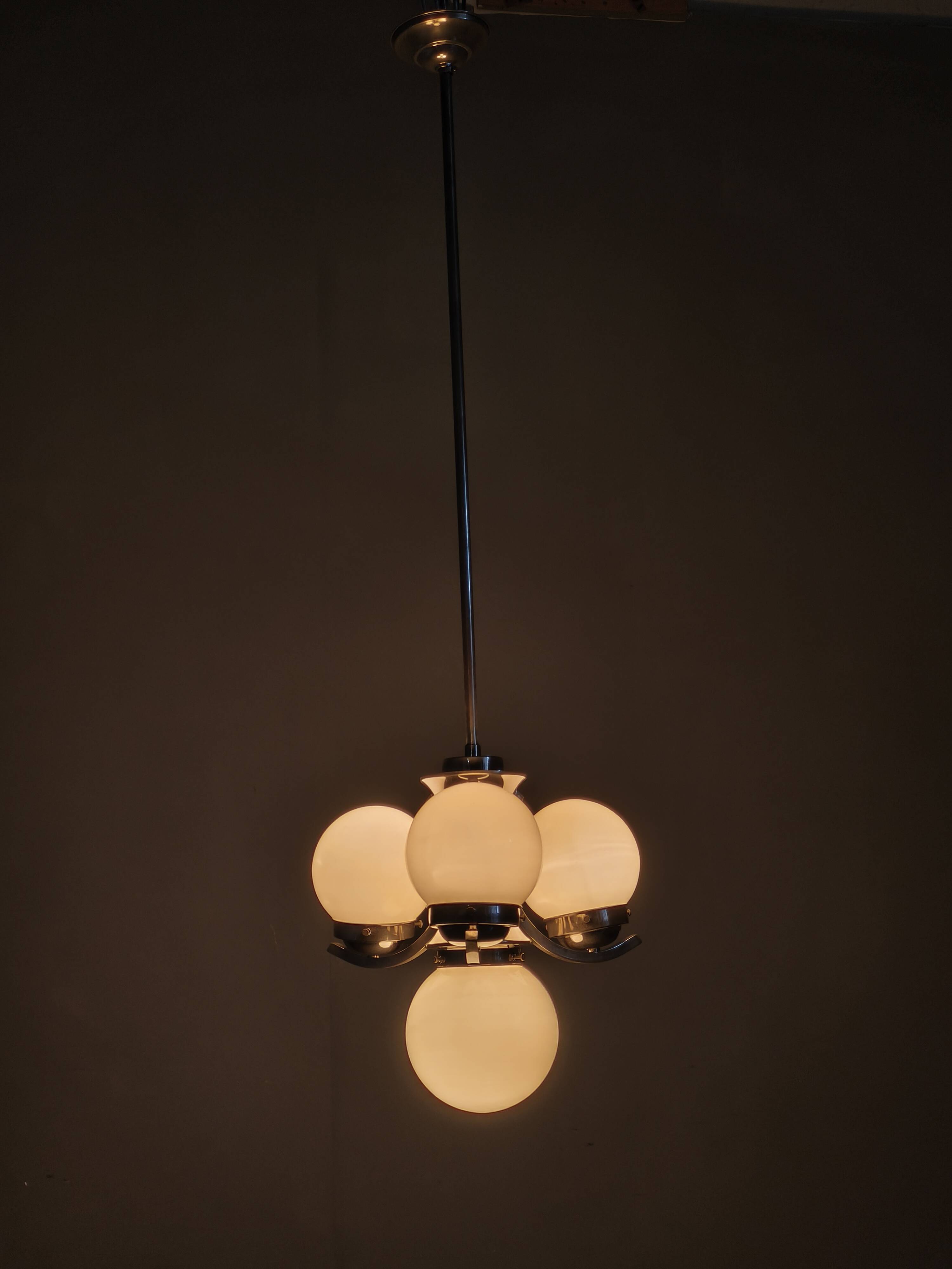 Art Deco Chrome and Opaline Glass Chandelier, 1930s