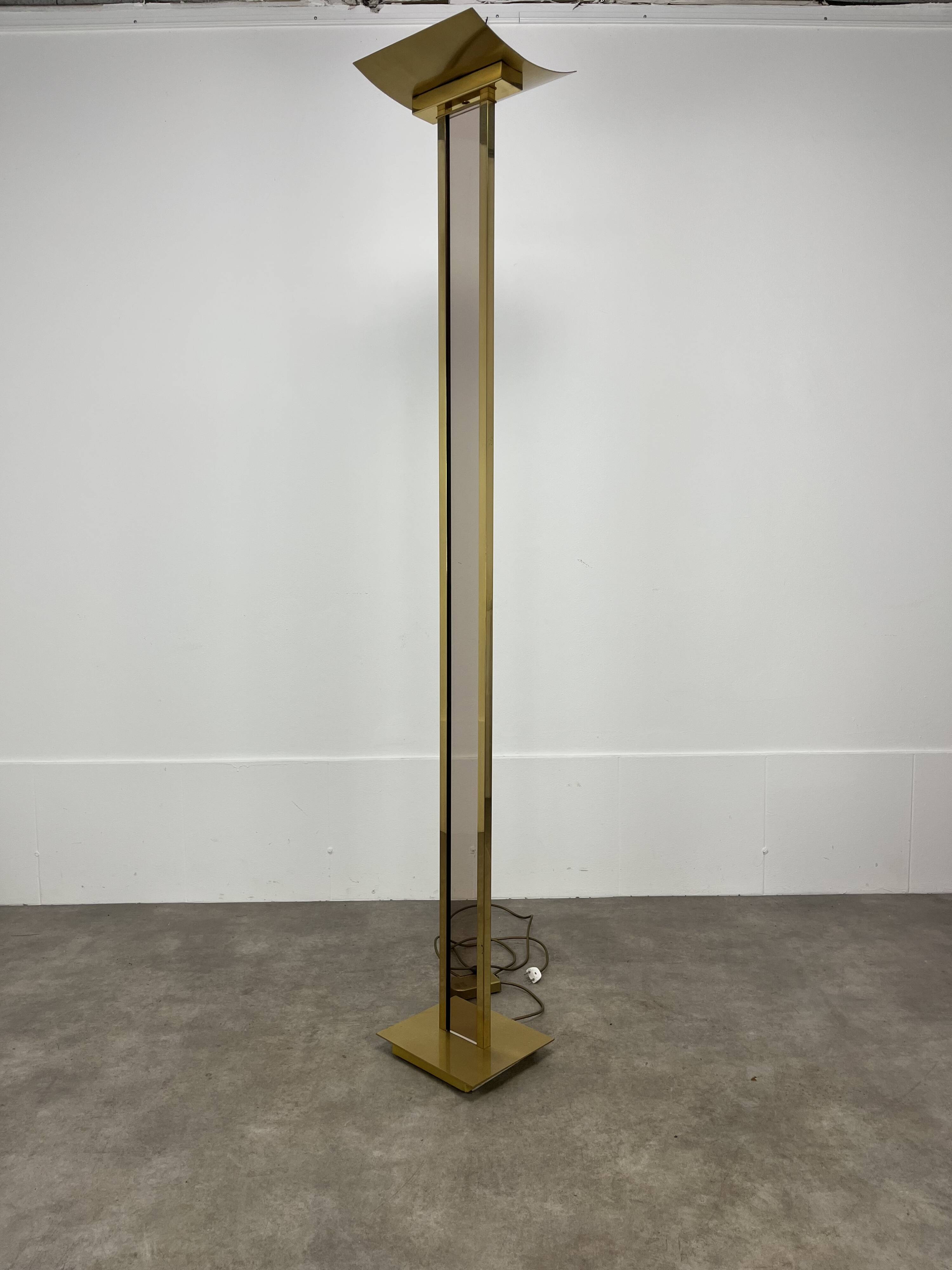 70s floor lamp in brass and smoked plexiglass, Hollywood Regency