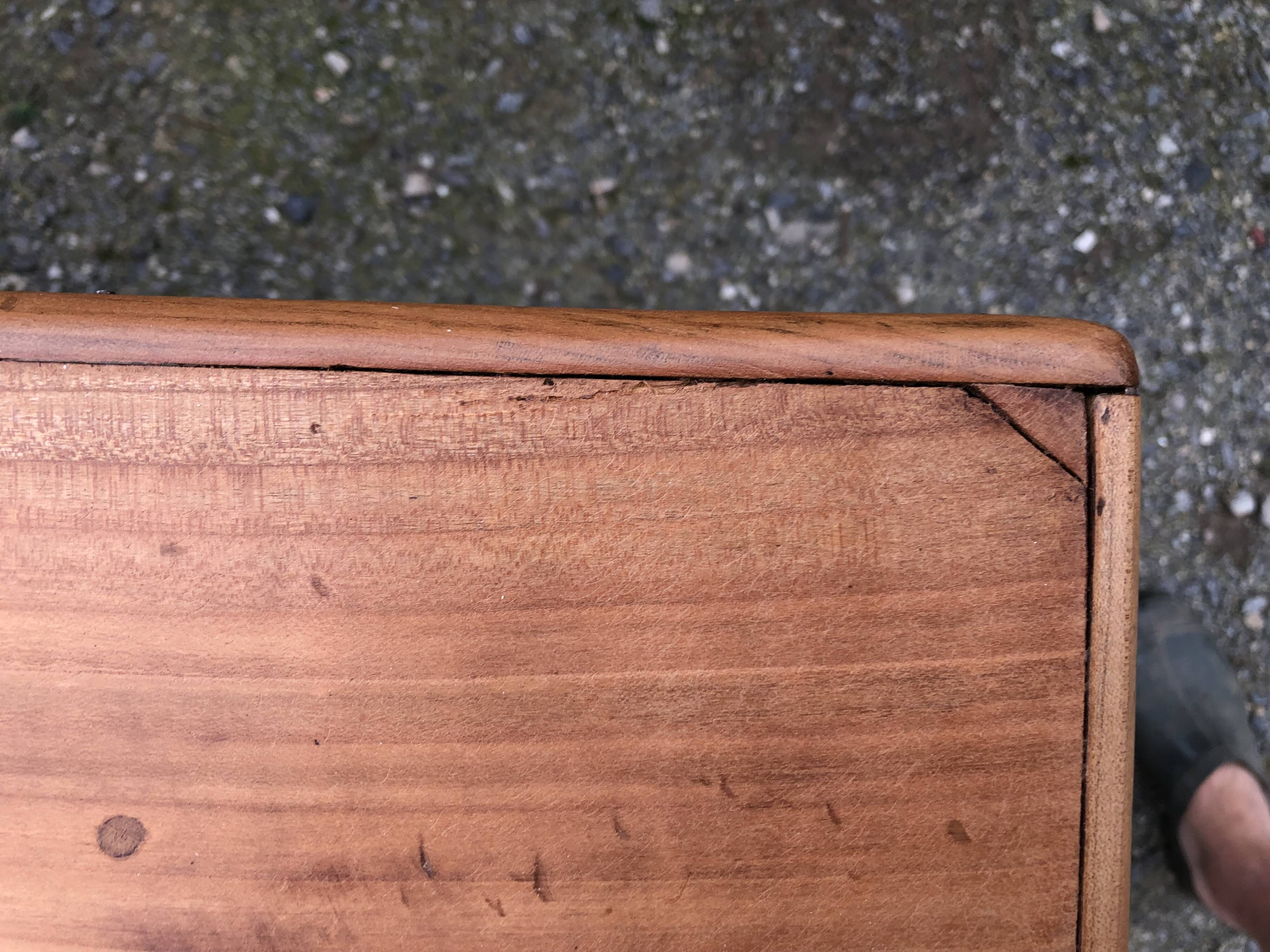 Antique Louis Philippe style farm table in solid cherry wood with 2 drawers and turned base.