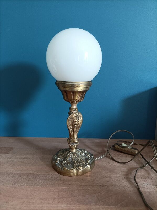 Bedside lamp globe glass opaline base bronze gilded patinated
