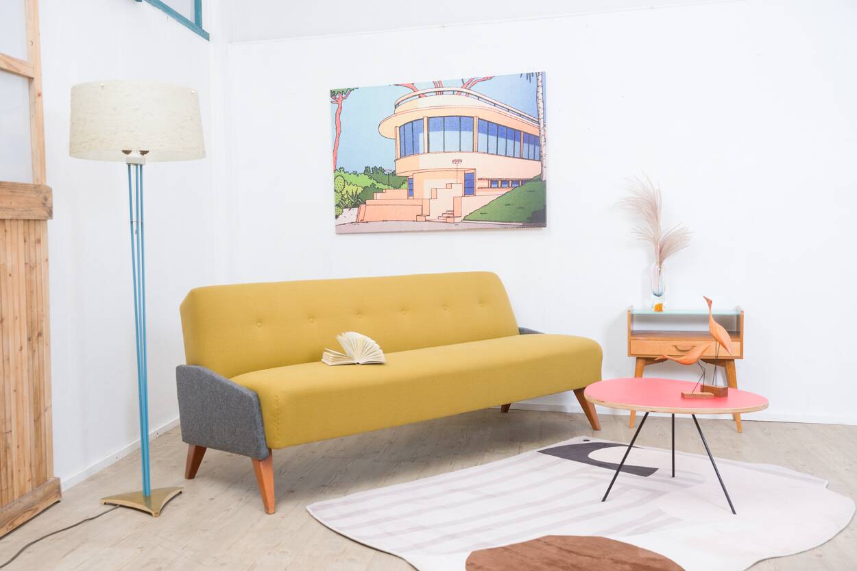 1950s streamline design sofa bed – Light yellow & grey mottled