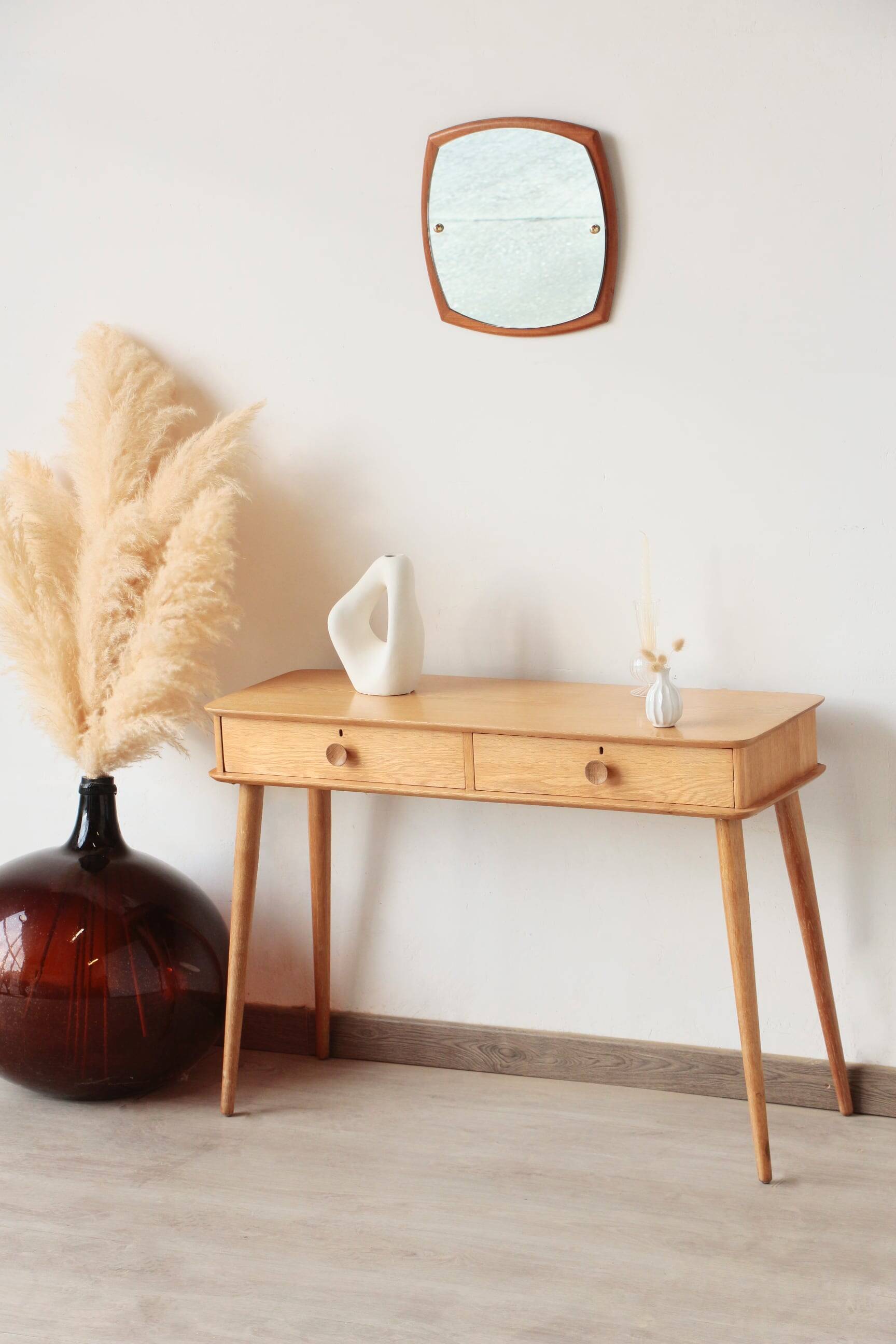 Console Vintage en Chêne Massif – Pieds Fuseaux & 2 Tiroirs