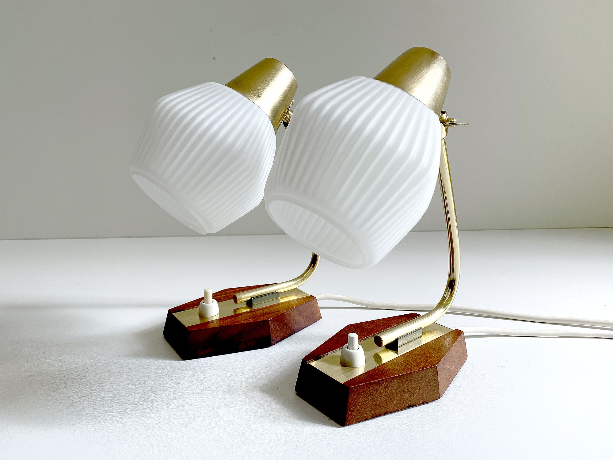 Pair of Scandinavian vintage table or bedside lamps, teak and glass, 60s
