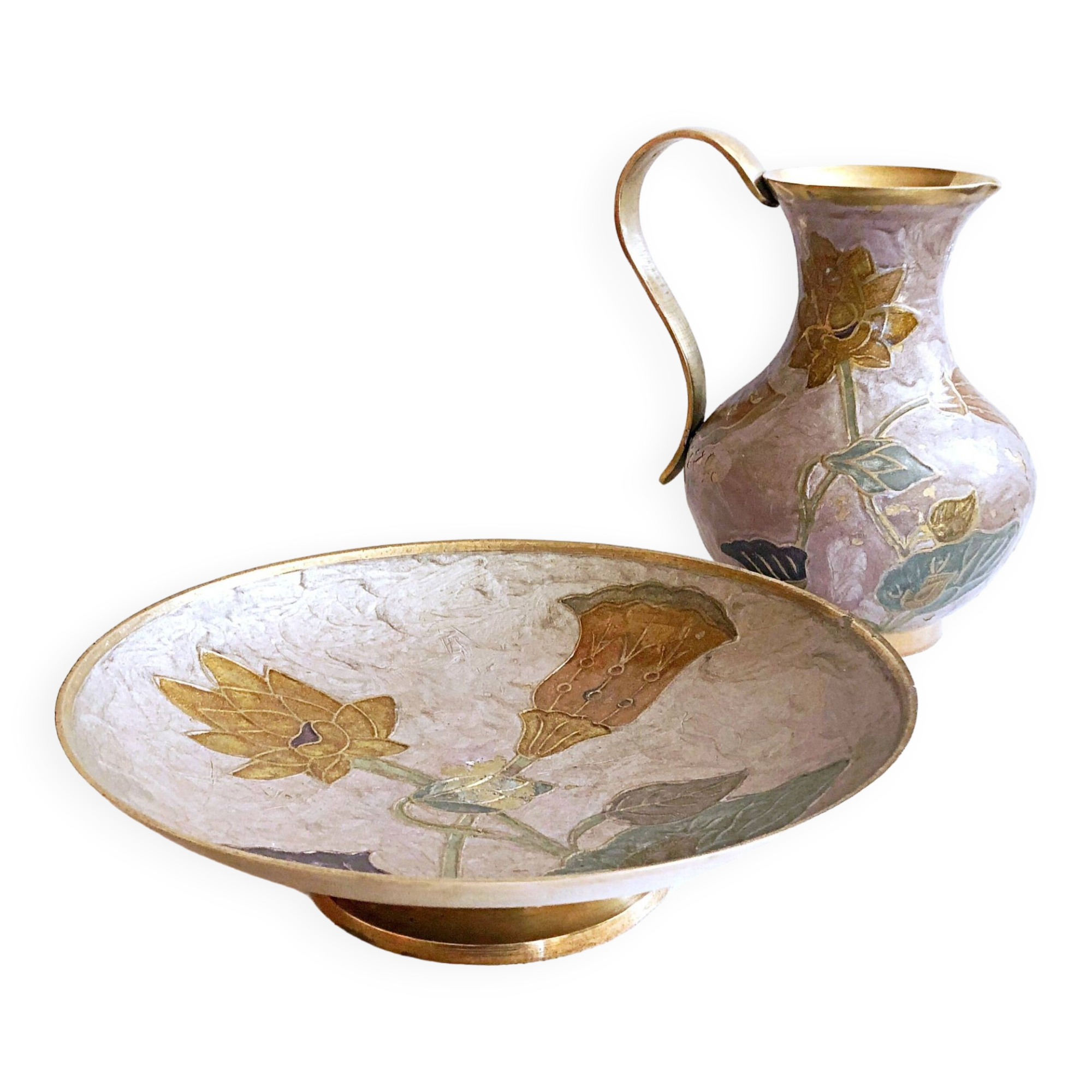 Enamelled brass carafe and cup set