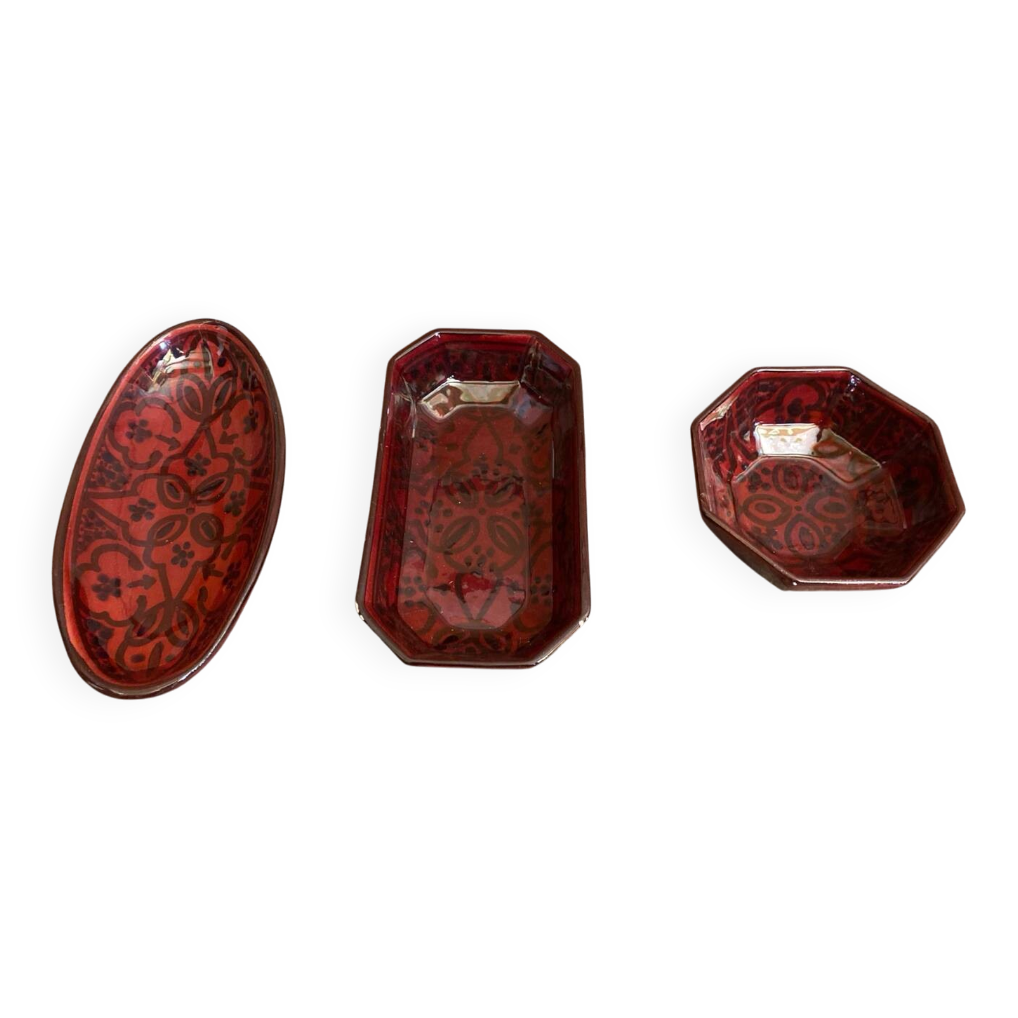 Set of 3 Vintage Red Oriental Ceramic Pocket Vases with Black Decor