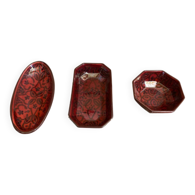 Série 3 Vides Poche Ancien Céramique Orientale Rouge Décor Noir Vintag
