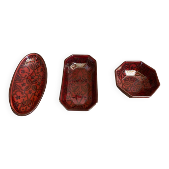 Set of 3 Vintage Red Oriental Ceramic Pocket Vases with Black Decor