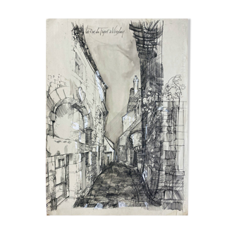 Large original ink painting "Rue du Tripot in Vezelay" by Blunet (?)