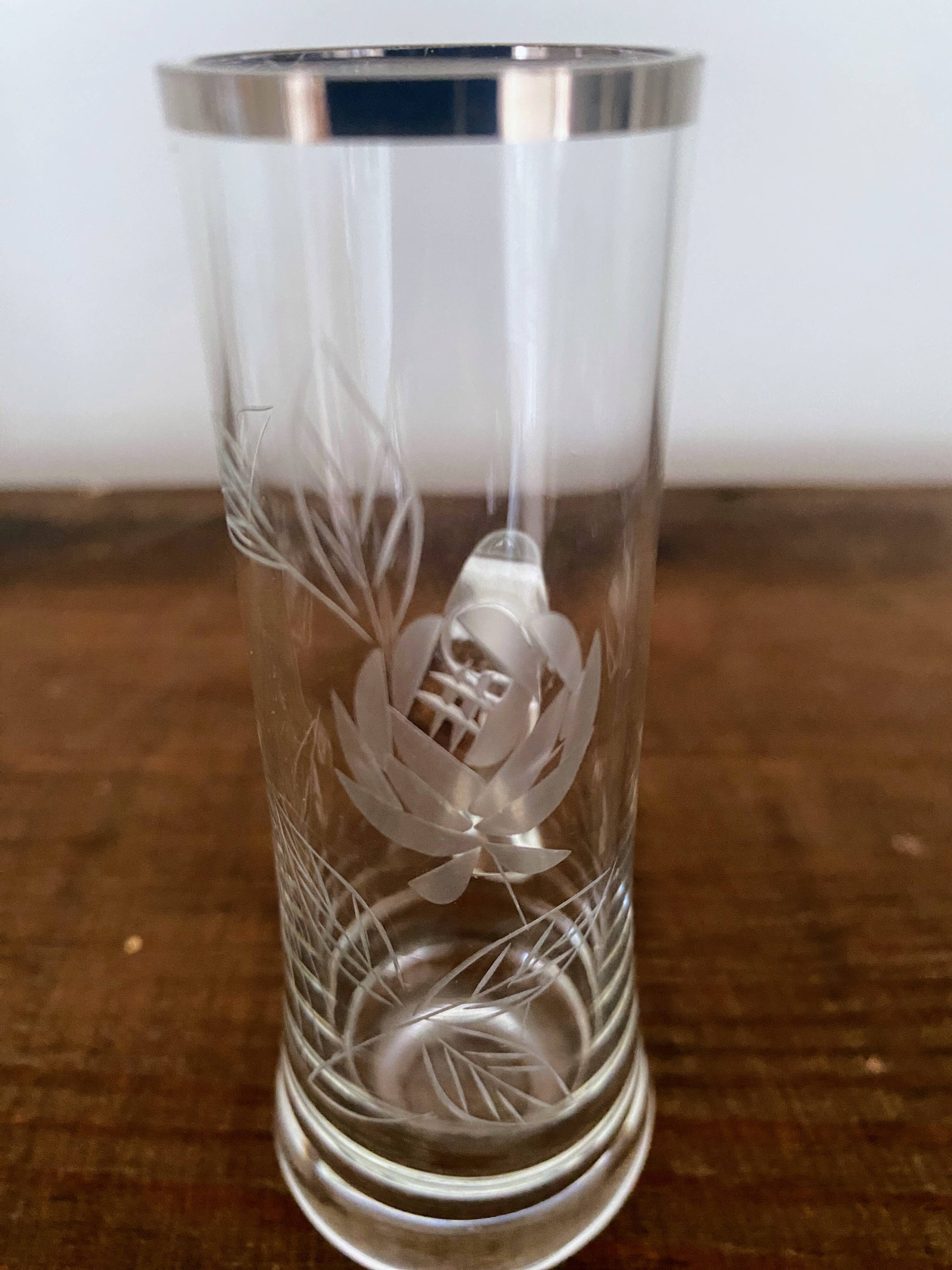 5 vintage shot, liqueur, digestive glasses, with transparent glass handle engraved with a rose