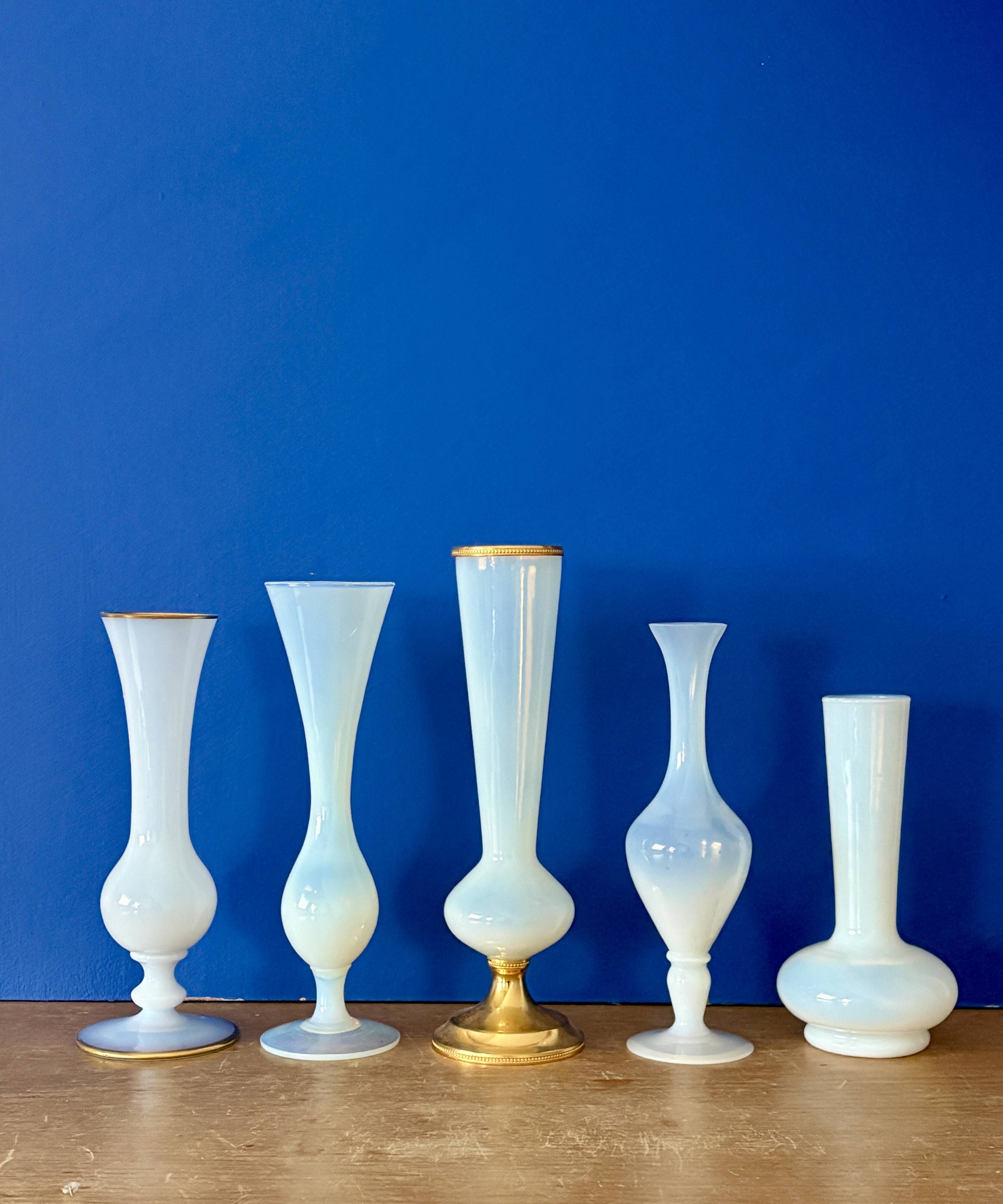 Set of 5 soliflores or antique vases in white opaline and brass.