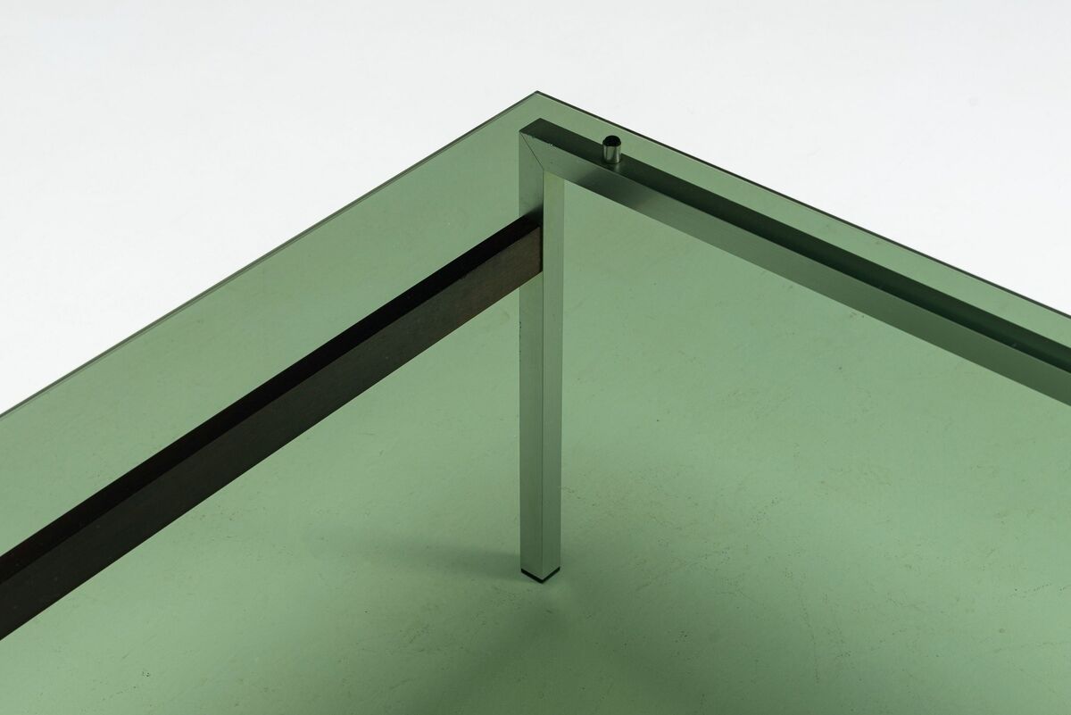 Scandinavian coffee table in metal, teak and smoked glass Denmark 1960