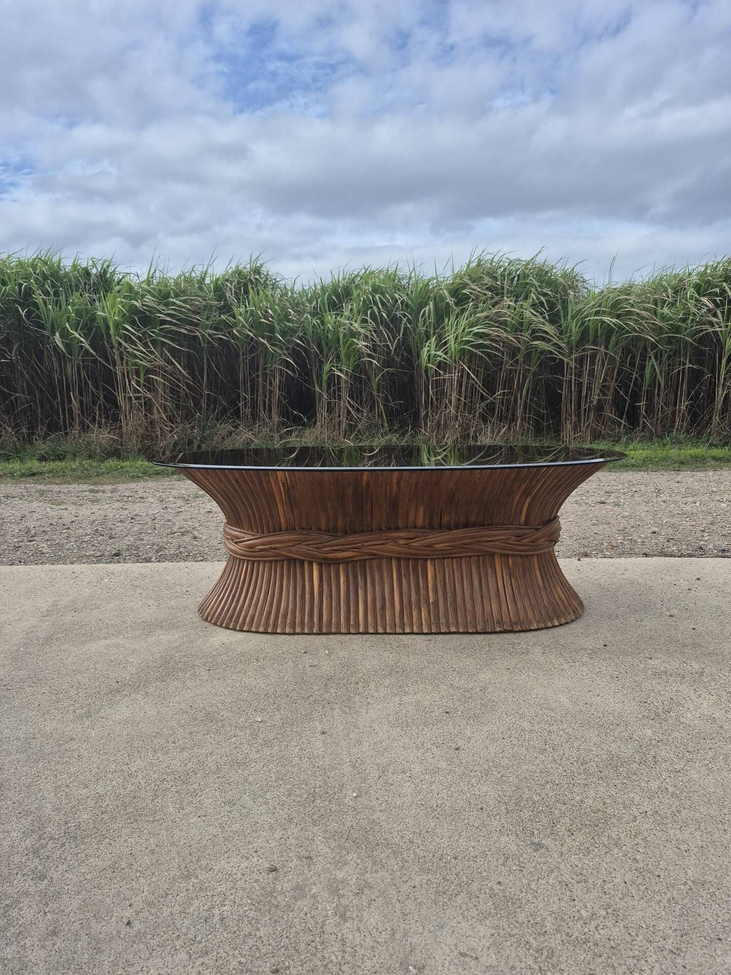 Sheaf of wheat bamboo coffee table glass top 1970s McGuire
