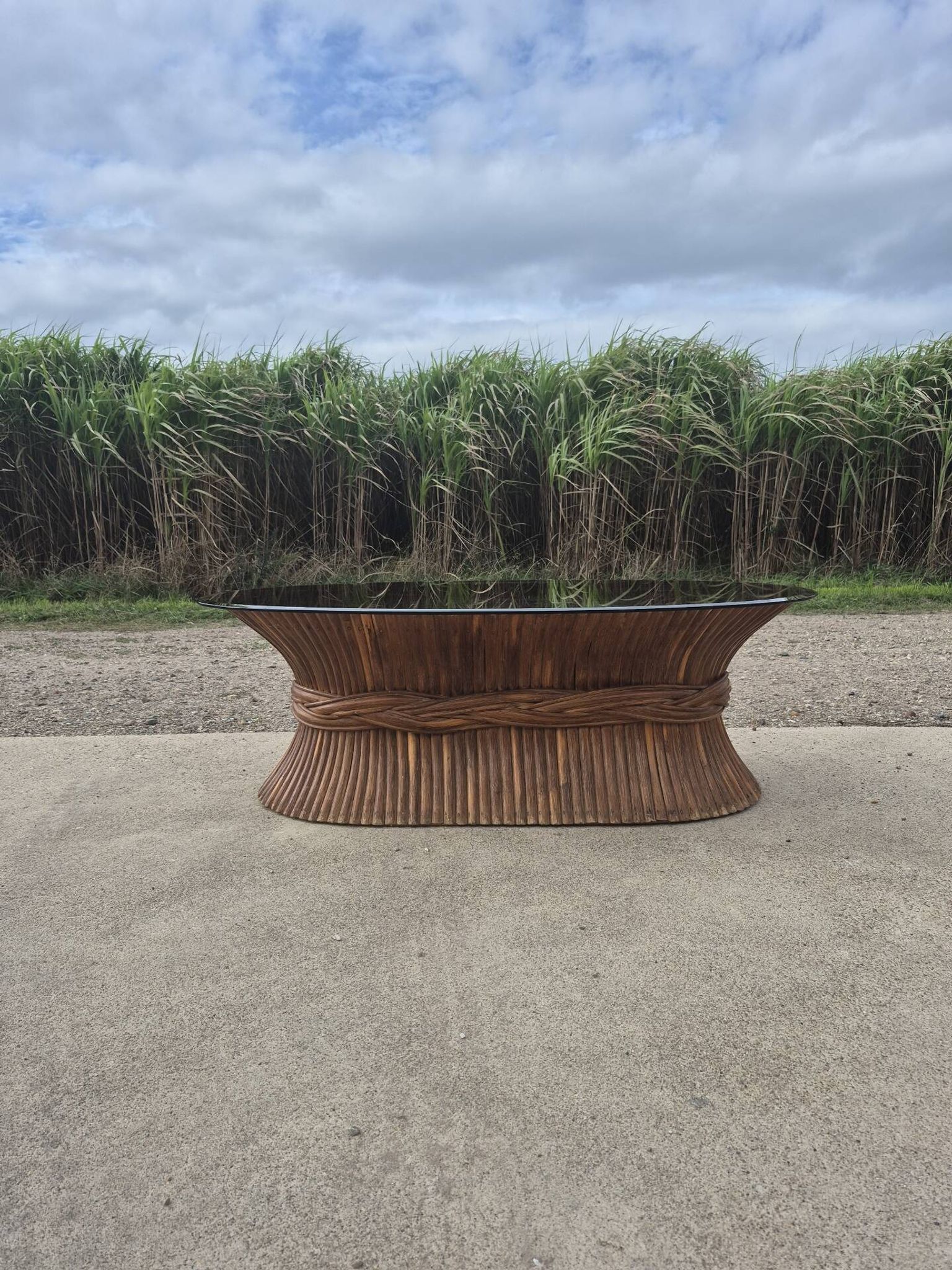 Sheaf of wheat bamboo coffee table glass top 1970s McGuire