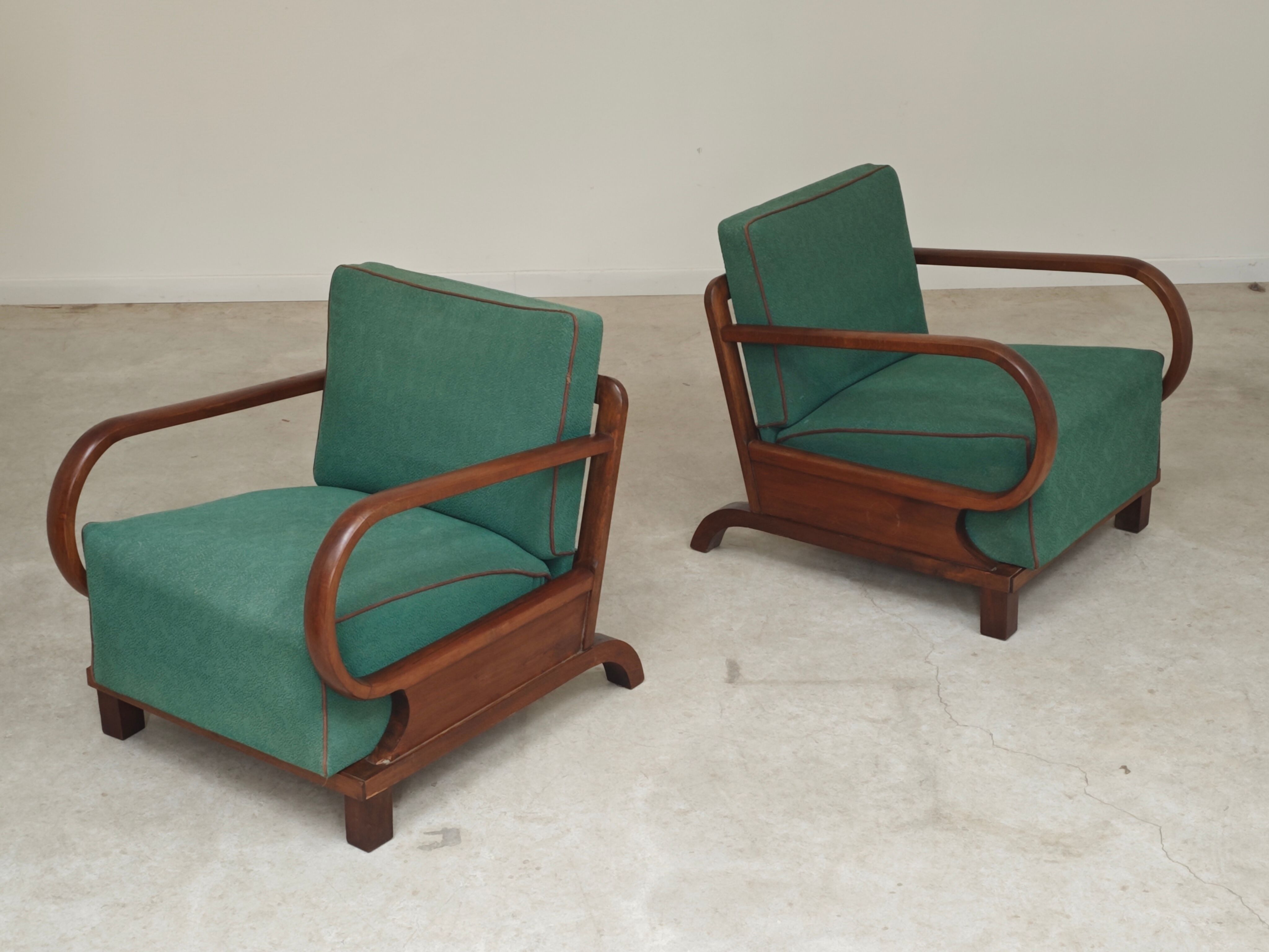 Paire de fauteuils Art déco vert par Jindrich Halabala, Prague 1930
