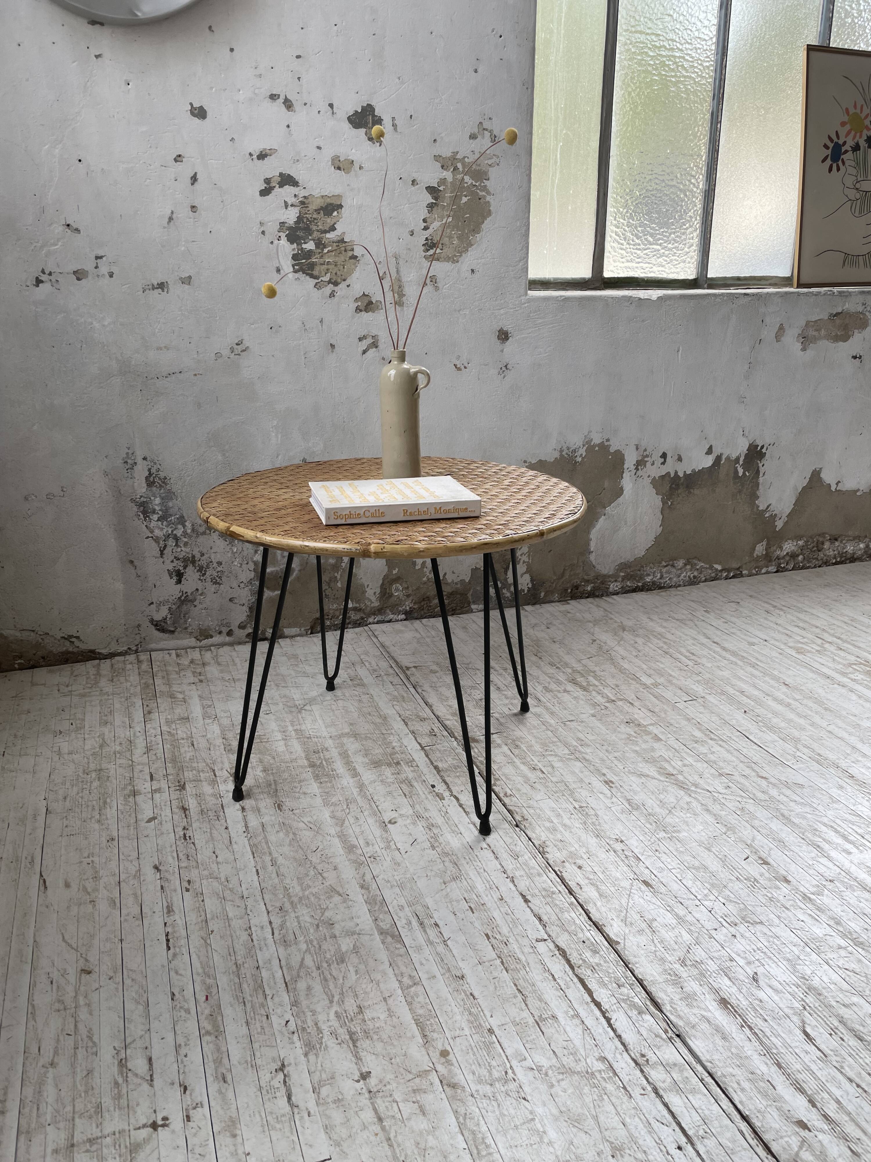 Wicker and metal coffee table from the 1950s