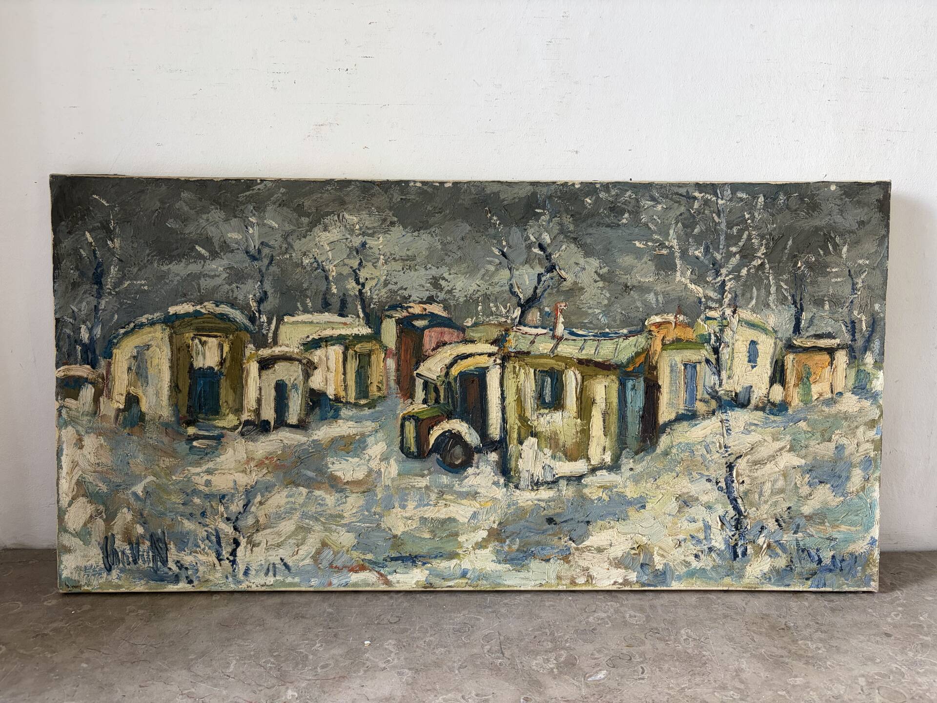 Snowy village, knife oil, signed