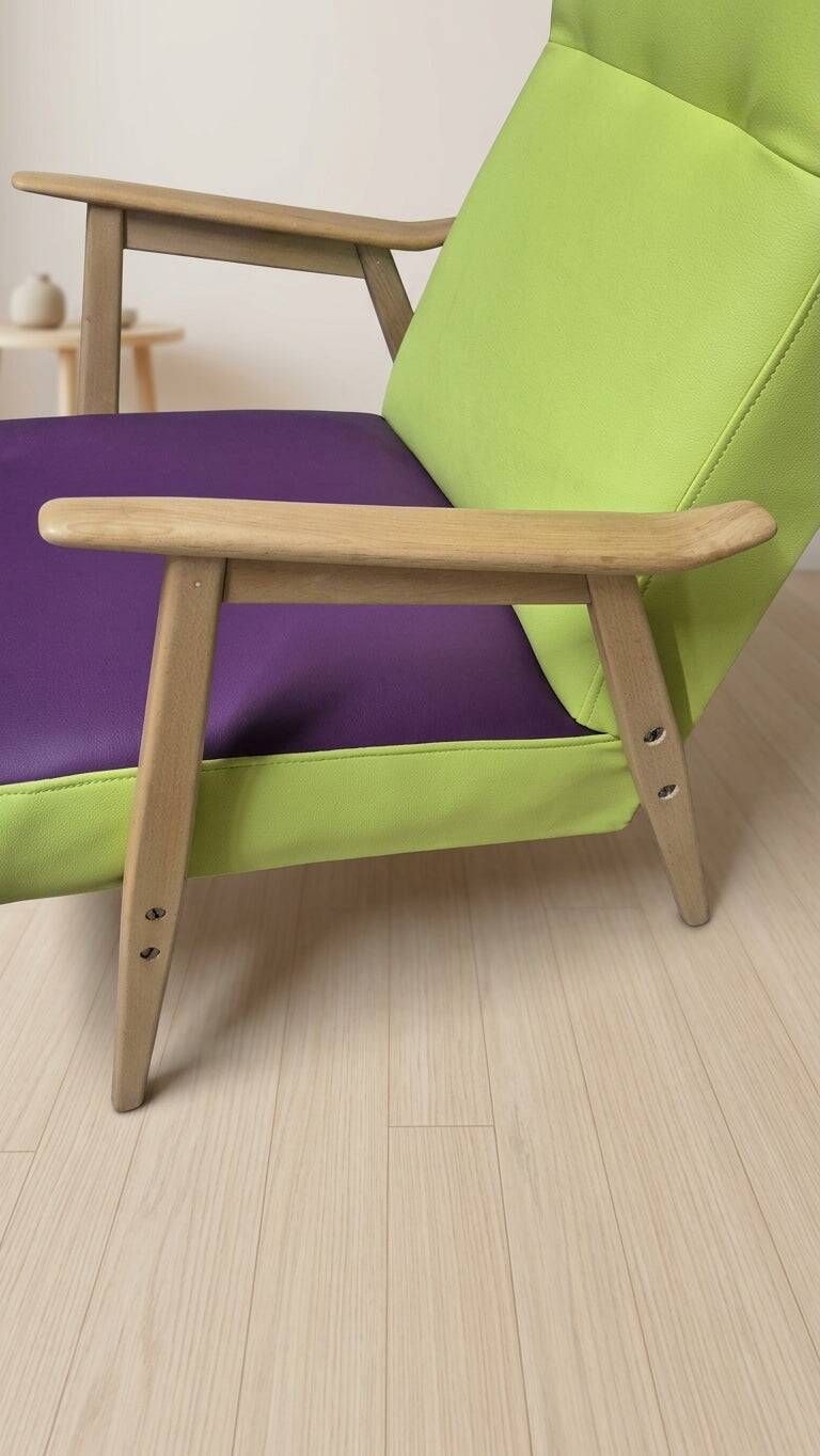 Pair of restored vintage armchairs, green and purple upholstery