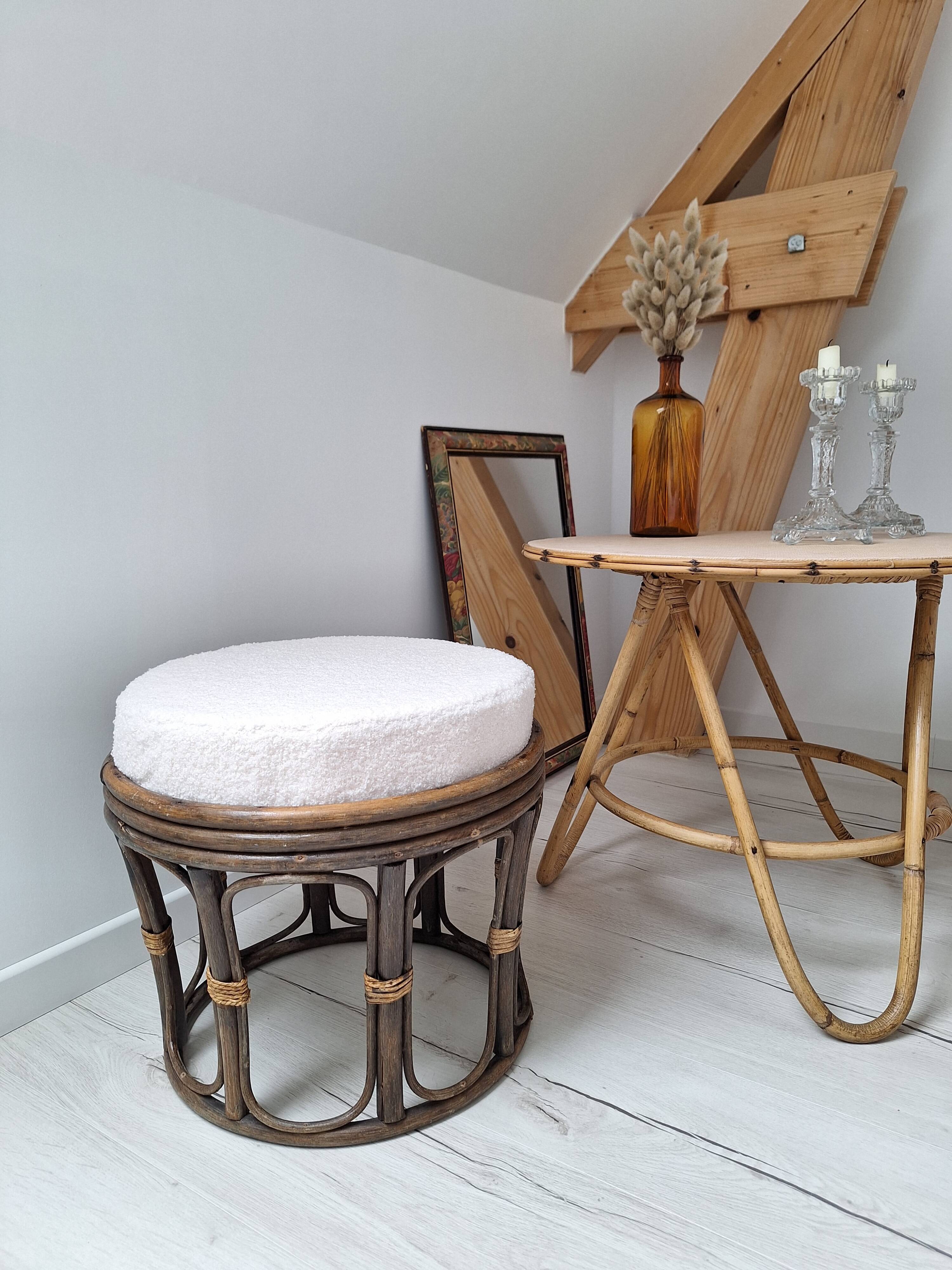 Vintage rattan and French terry fabric pouf