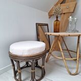 Vintage rattan and French terry fabric pouf