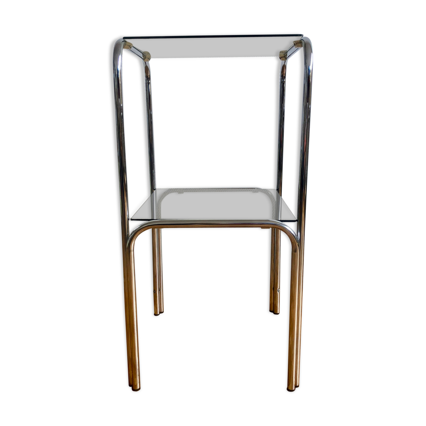 Two-tray console in glass and chrome metal