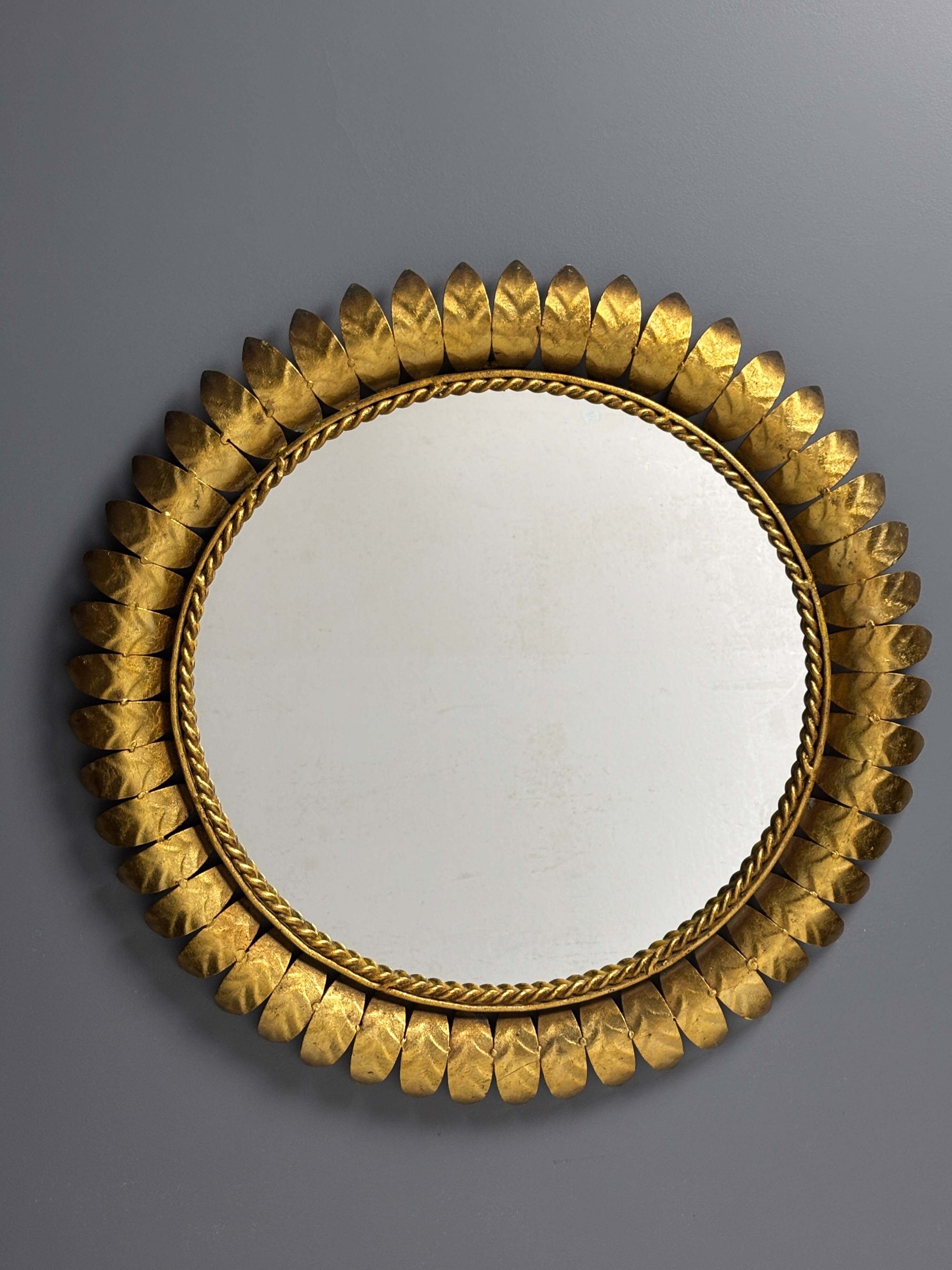 Midcentury bohemian Hollywood Regency Spanish gilt metal sun mirror, 1960s