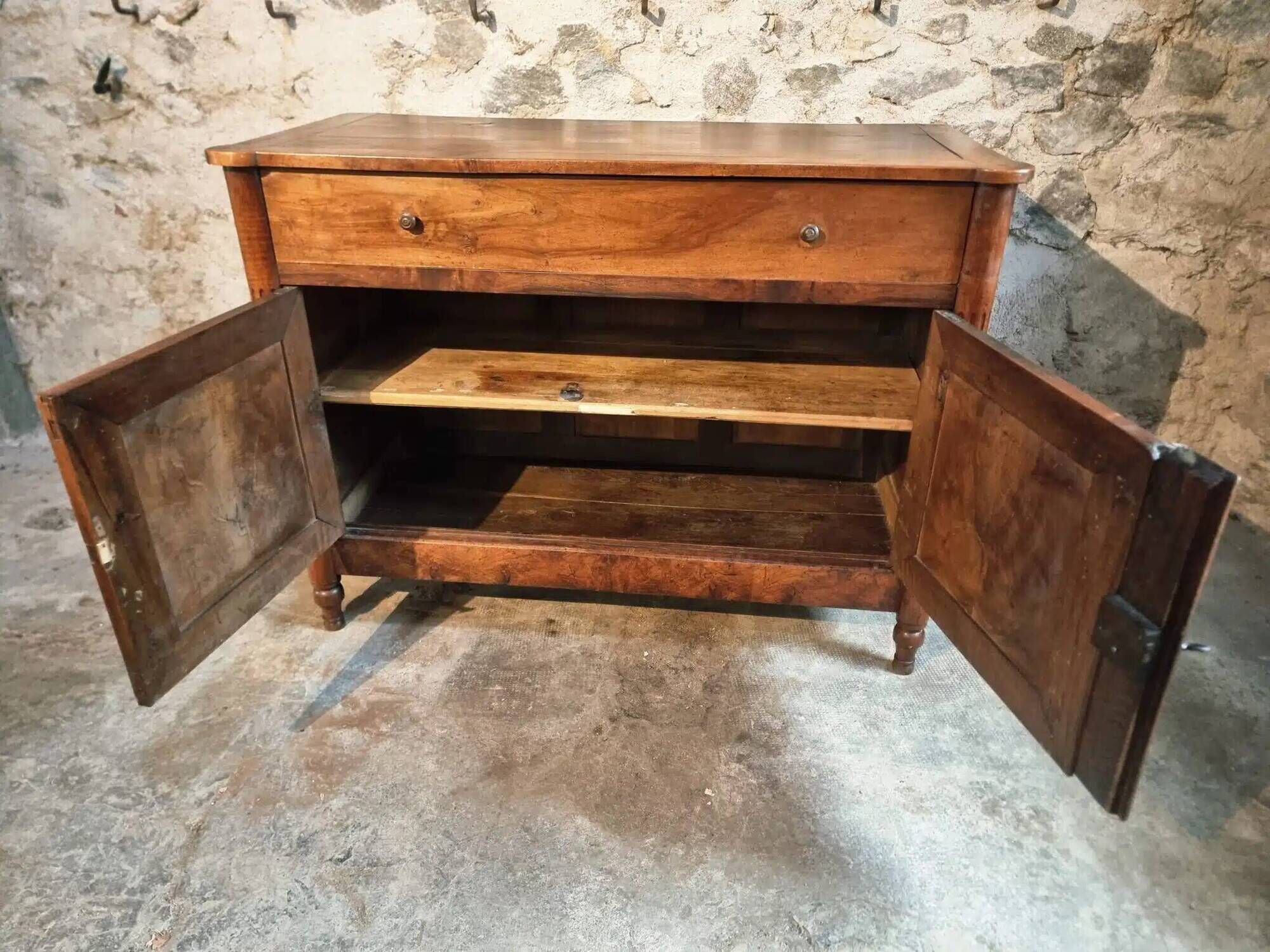 Antique French Walnut Sideboard - 19th Century Buffet with Drawer and Double Doors - Rustic Farmhouse Storage