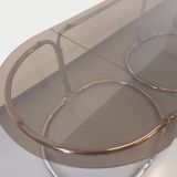 Large vintage modular oval dining table in smoked glass and chromed metal, Space Age style, 70s