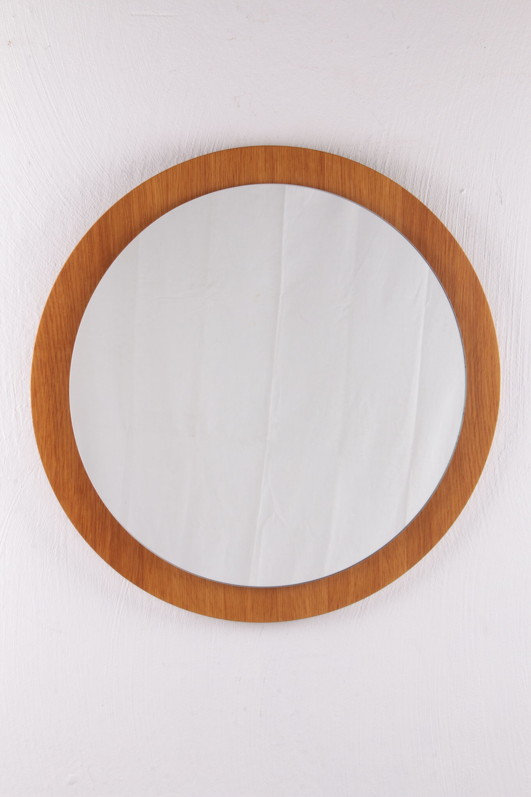 Large round light wooden wall mirror 1960s 66cm