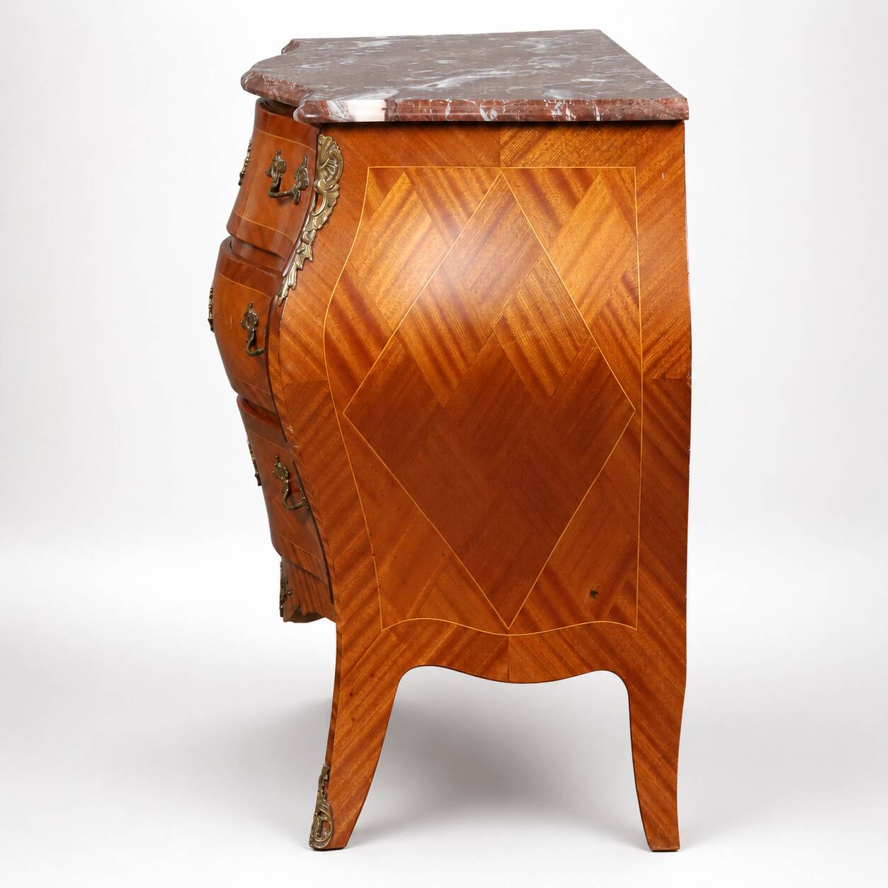 Marquetry Chest of Drawers — Mixed-Wood Veneer, Brass Mounts & Marble Top