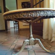 Round coffee table with a brass frame.