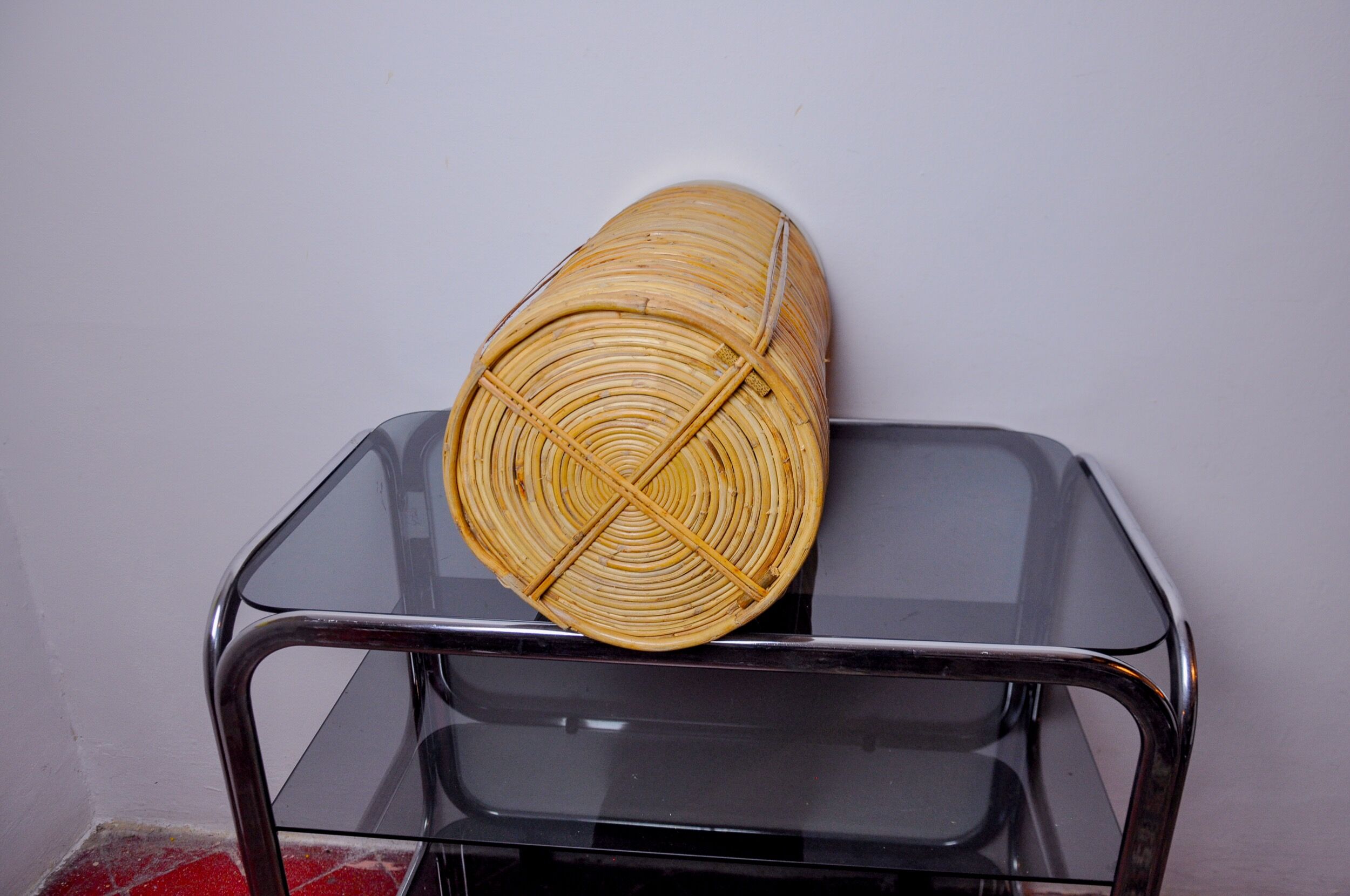 Rattan and brass umbrella stand, Italy, 1970