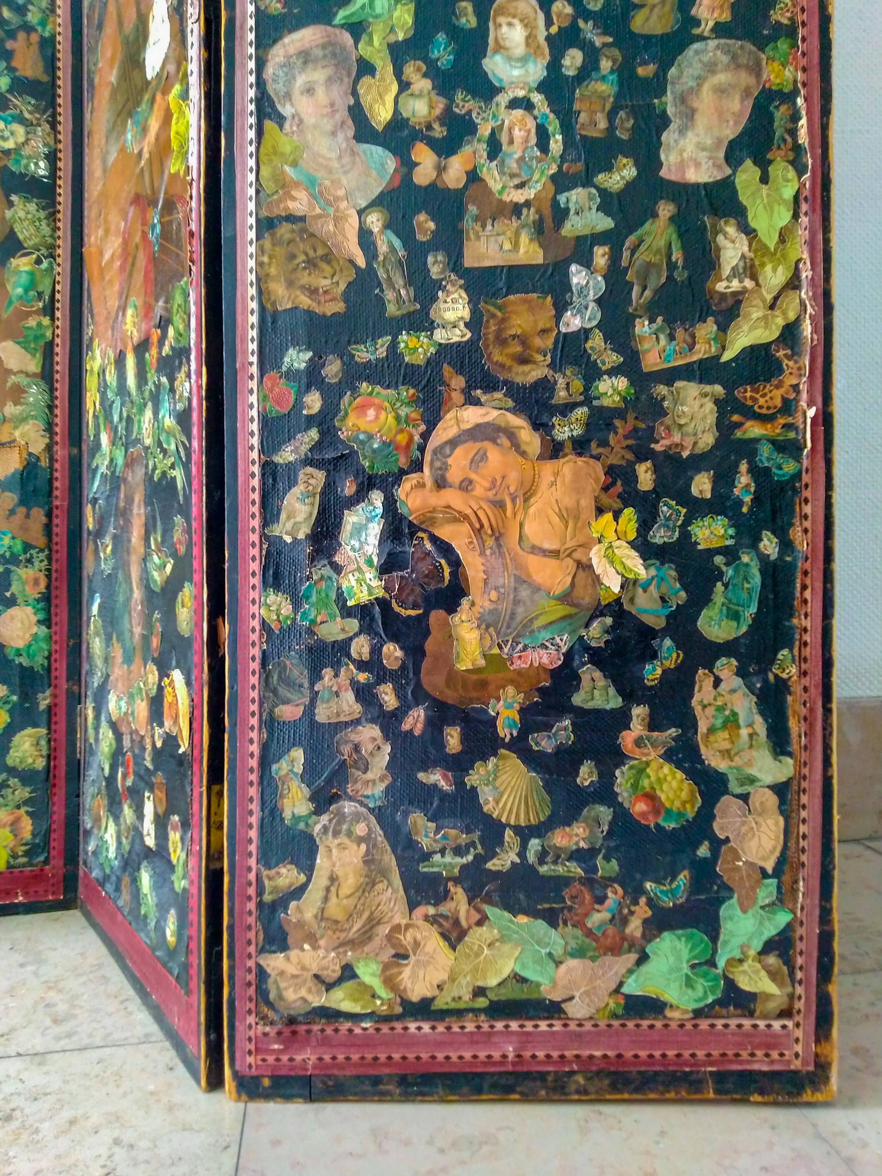 English Victorian 3-panel screen with varnished chromos