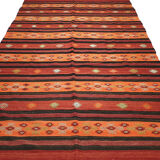 Area kilim rug 11.5x5.9 feet 351x180 cm vintage accent boho flat woven rug red orange geomatric rug.