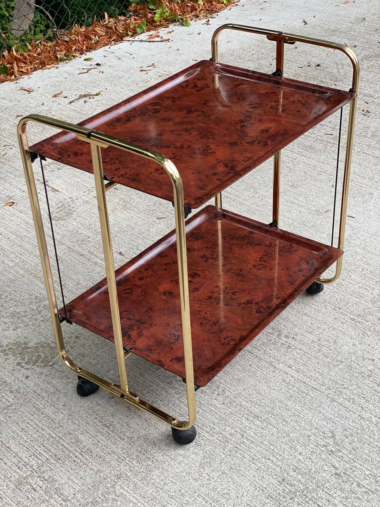 Vintage 70s folding bar table, brass with wood burl effect, Dinet style.