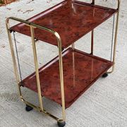 Vintage 70s folding bar table, brass with wood burl effect, Dinet style.