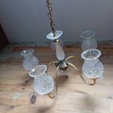 Ceiling chandelier with 5 tulip branches, diamond tip, brass style, 1950s