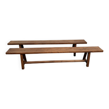 Pair of XL size benches in solid oak, 1950s.