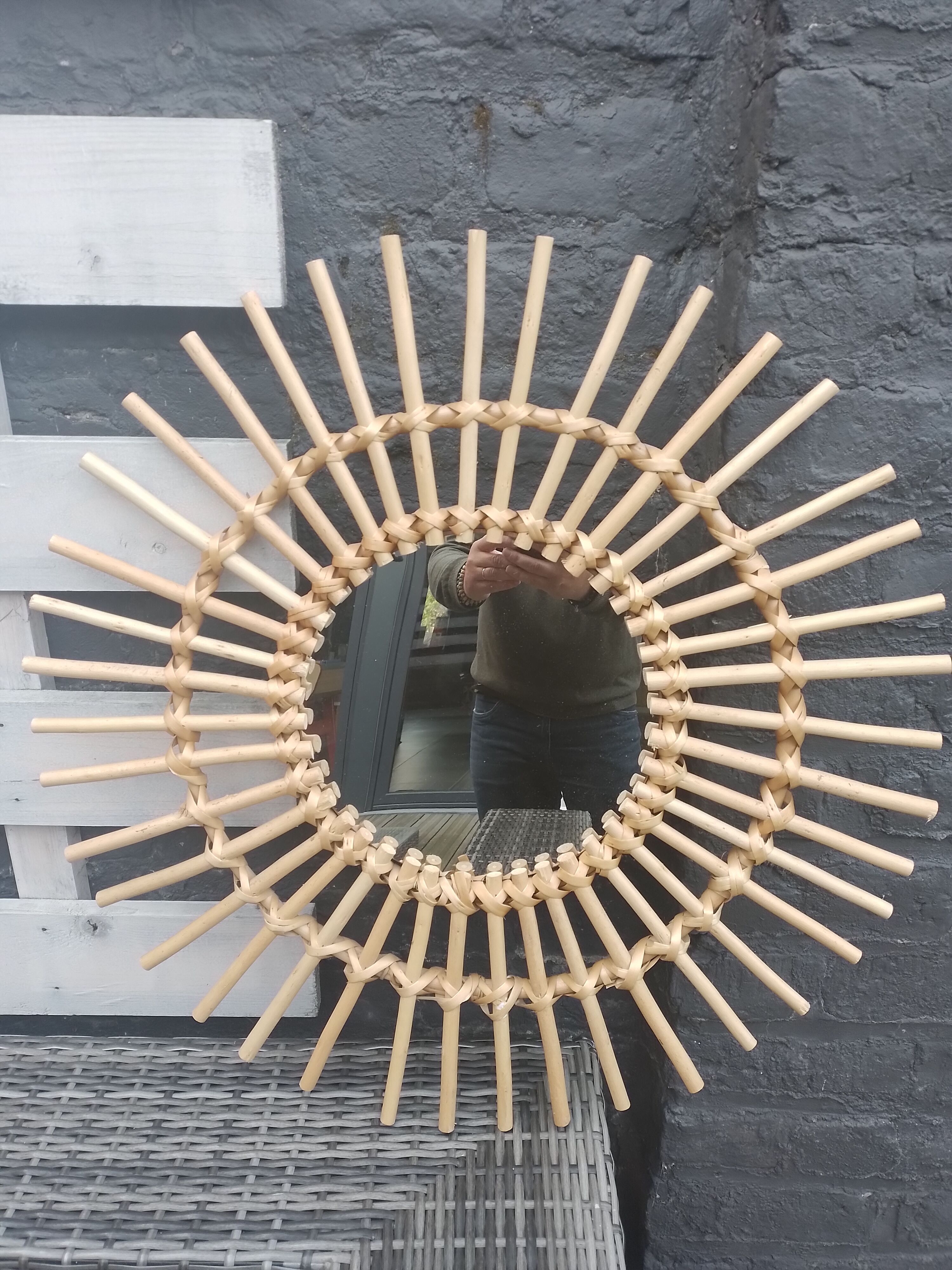 Vintage circular rattan mirror