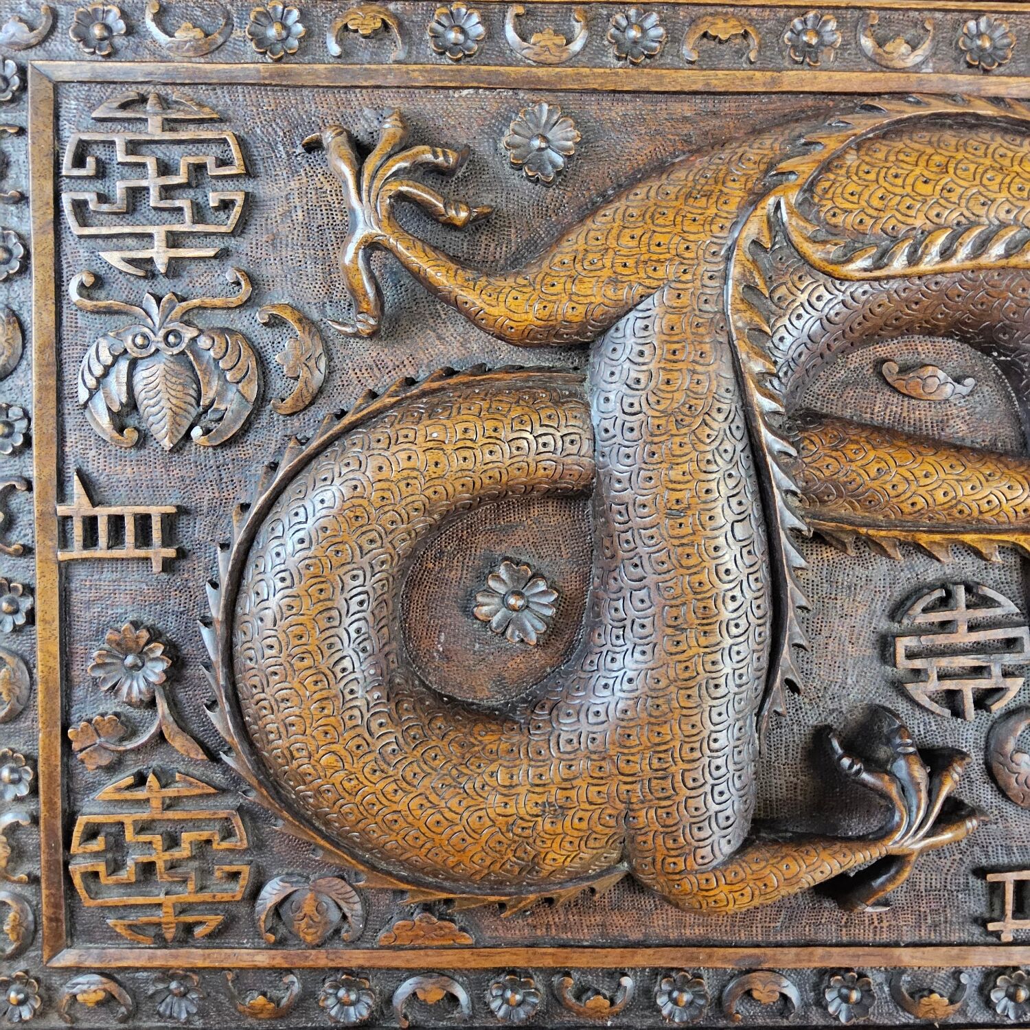 Antique 19th-century Chinese secretary with dragon woodcarving