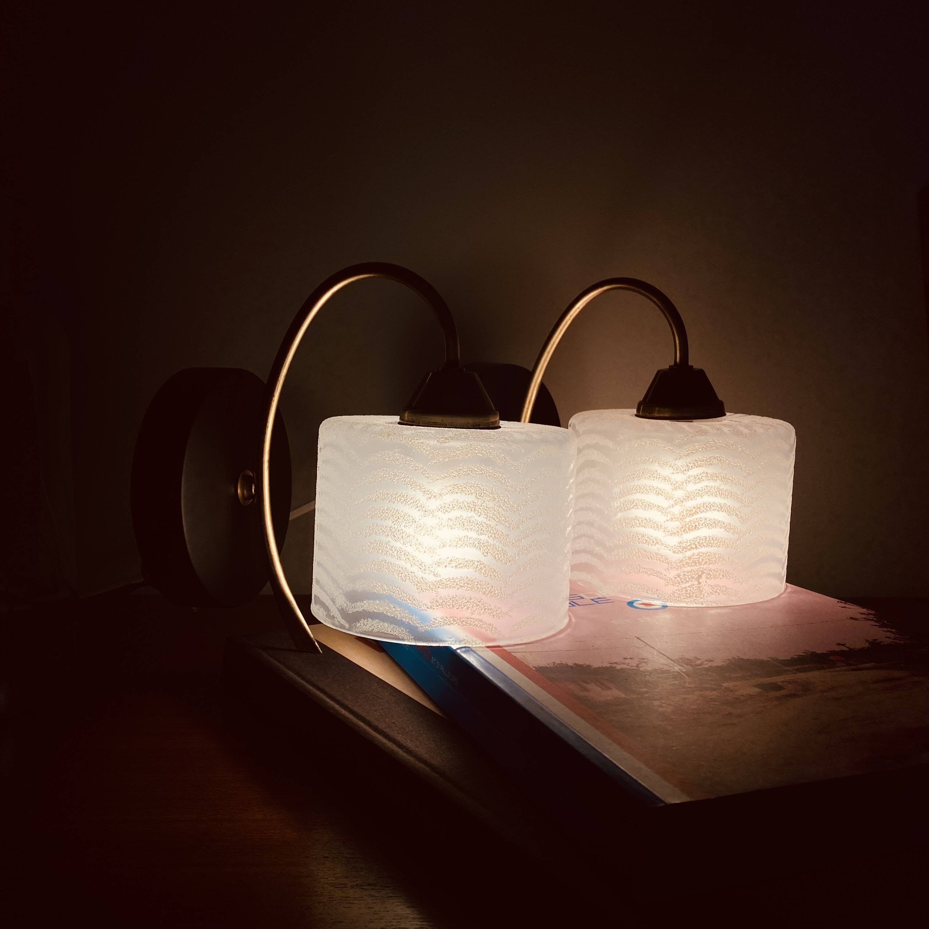 Paire d'appliques murales col de cygne en laiton et tulipe en verre blanc